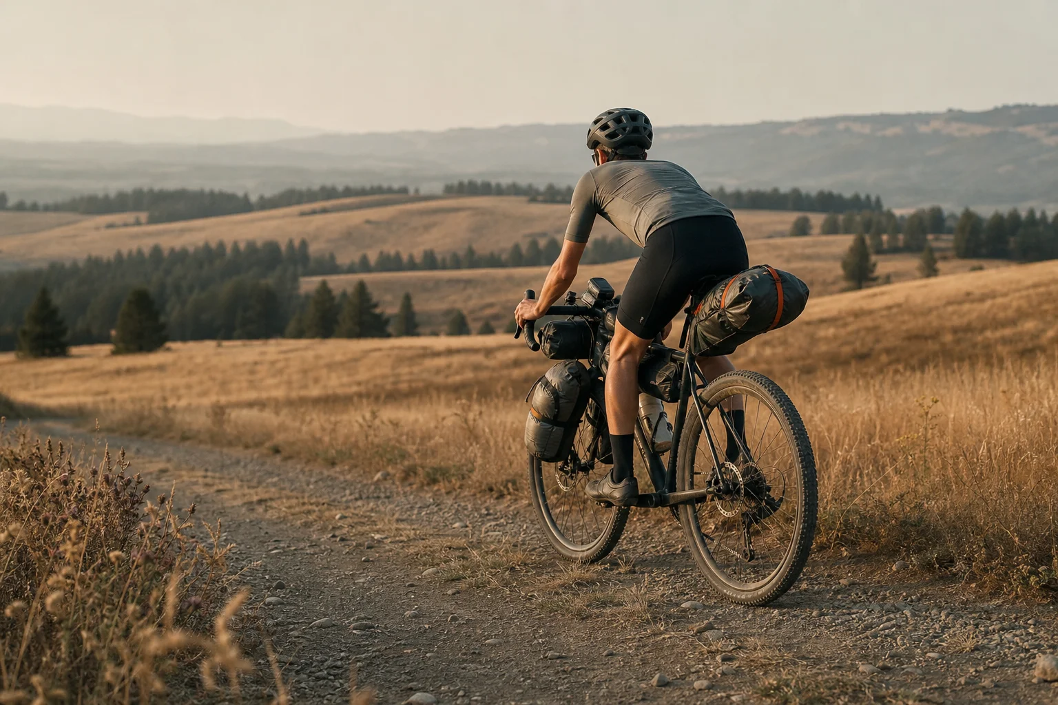 Gravel cyclist riding loaded with bikepacking gear on a dirt trail through rolling countryside