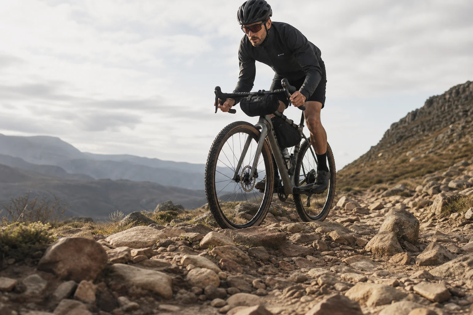 Gravel bike with wide tires on rough rocky terrain demonstrating traction and control
