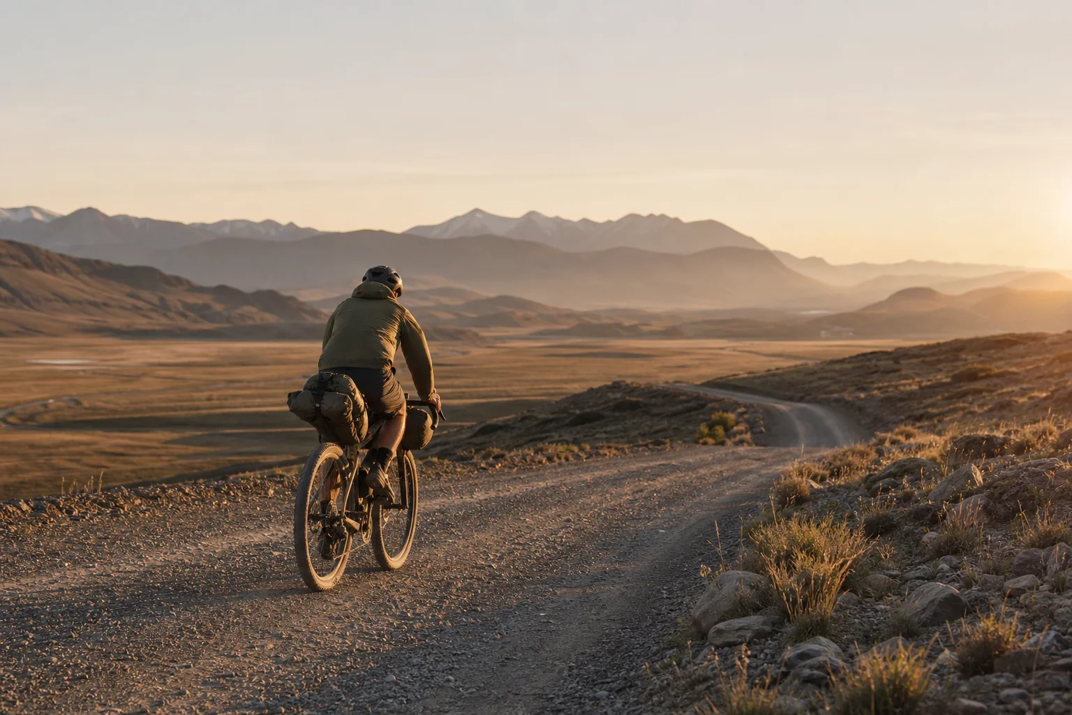 Bikepacker riding a loaded gravel bike on a remote gravel road at golden hour