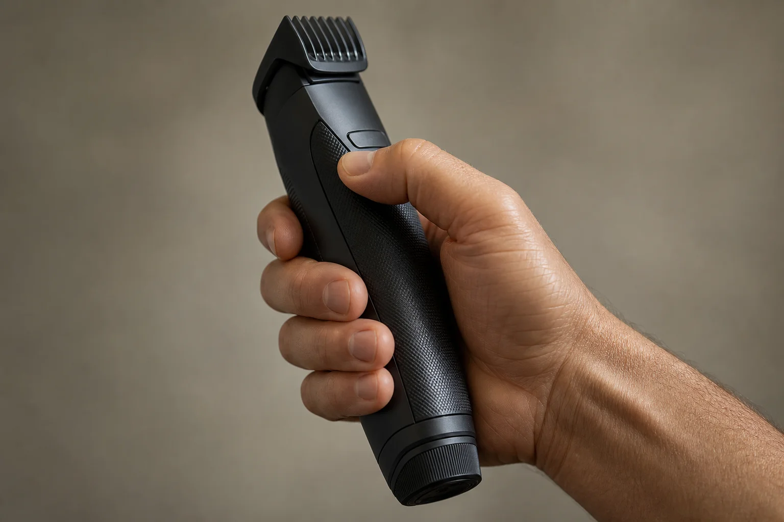 Man's hand holding a trimmer with ergonomic grip, demonstrating control and comfort