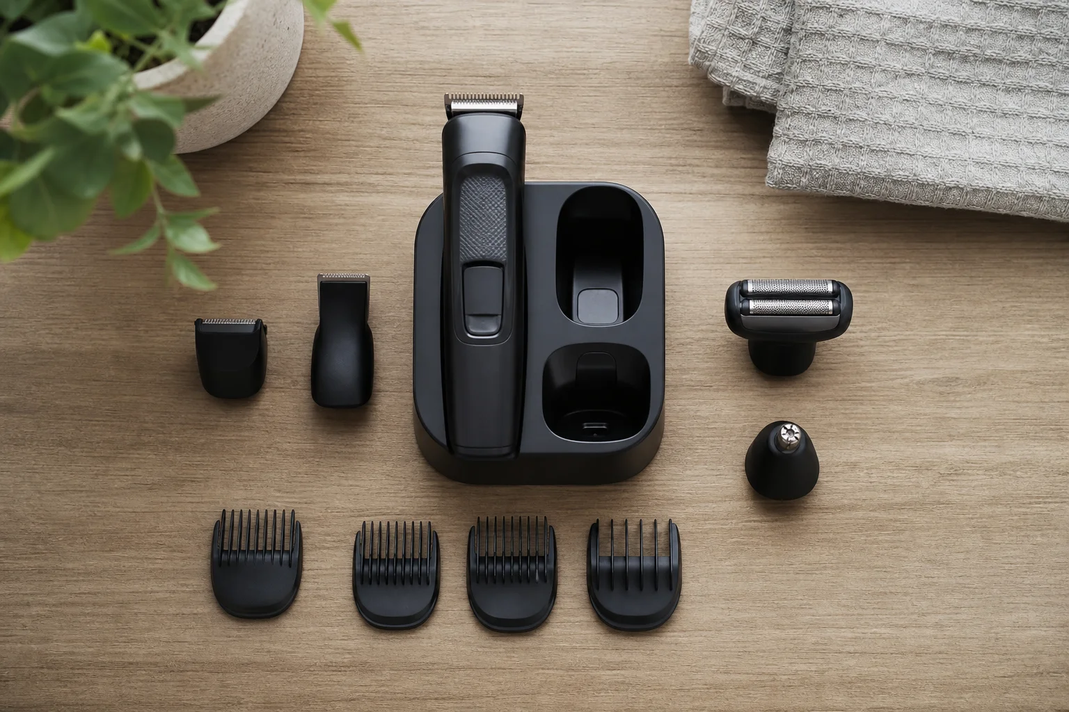 Organized grooming station with trimmer, charging dock, and multiple attachment heads