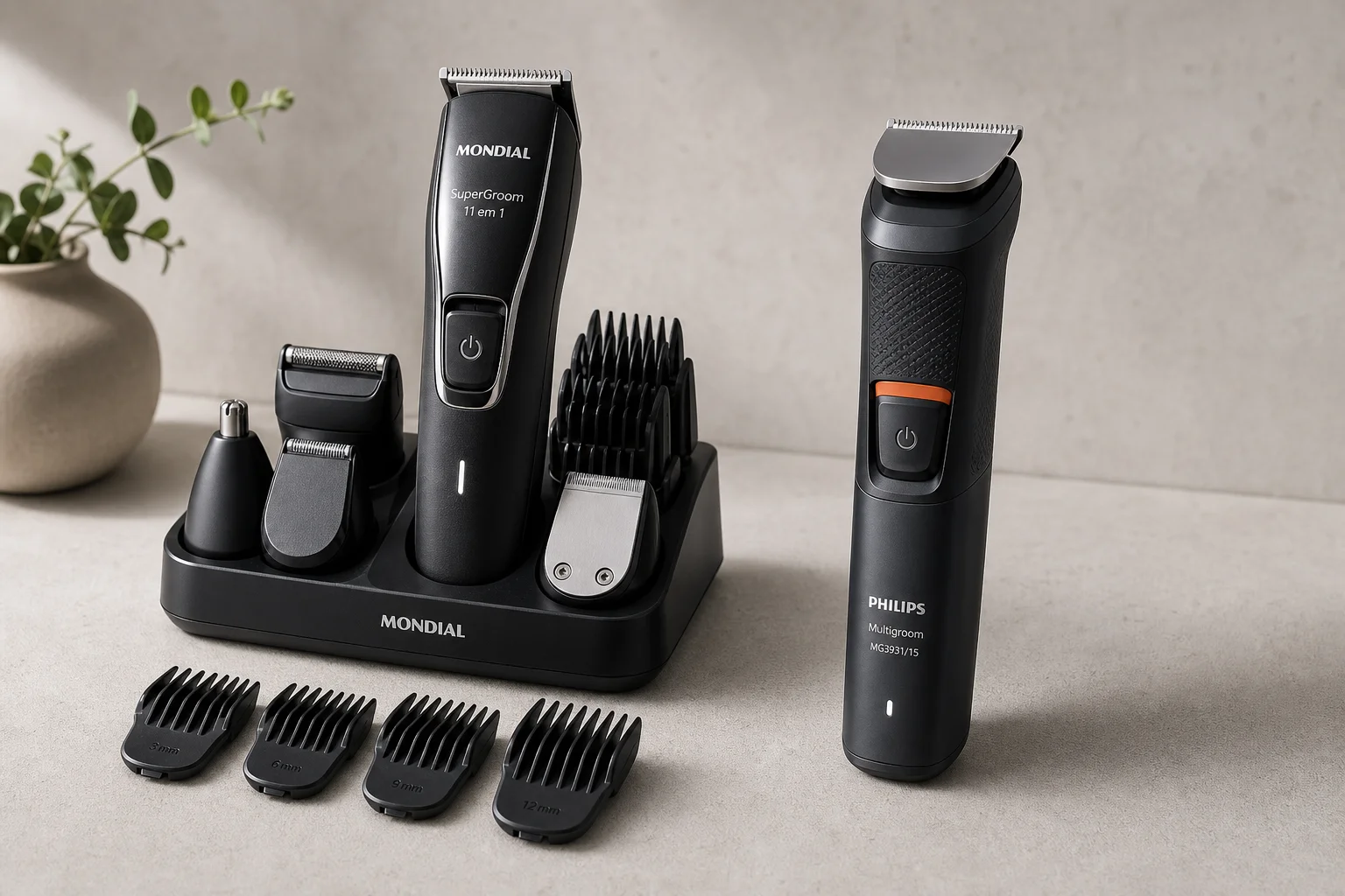 Mondial Super Groom 11 em 1 與 Philips Multigroom MG3931/15 修剪器並排展示