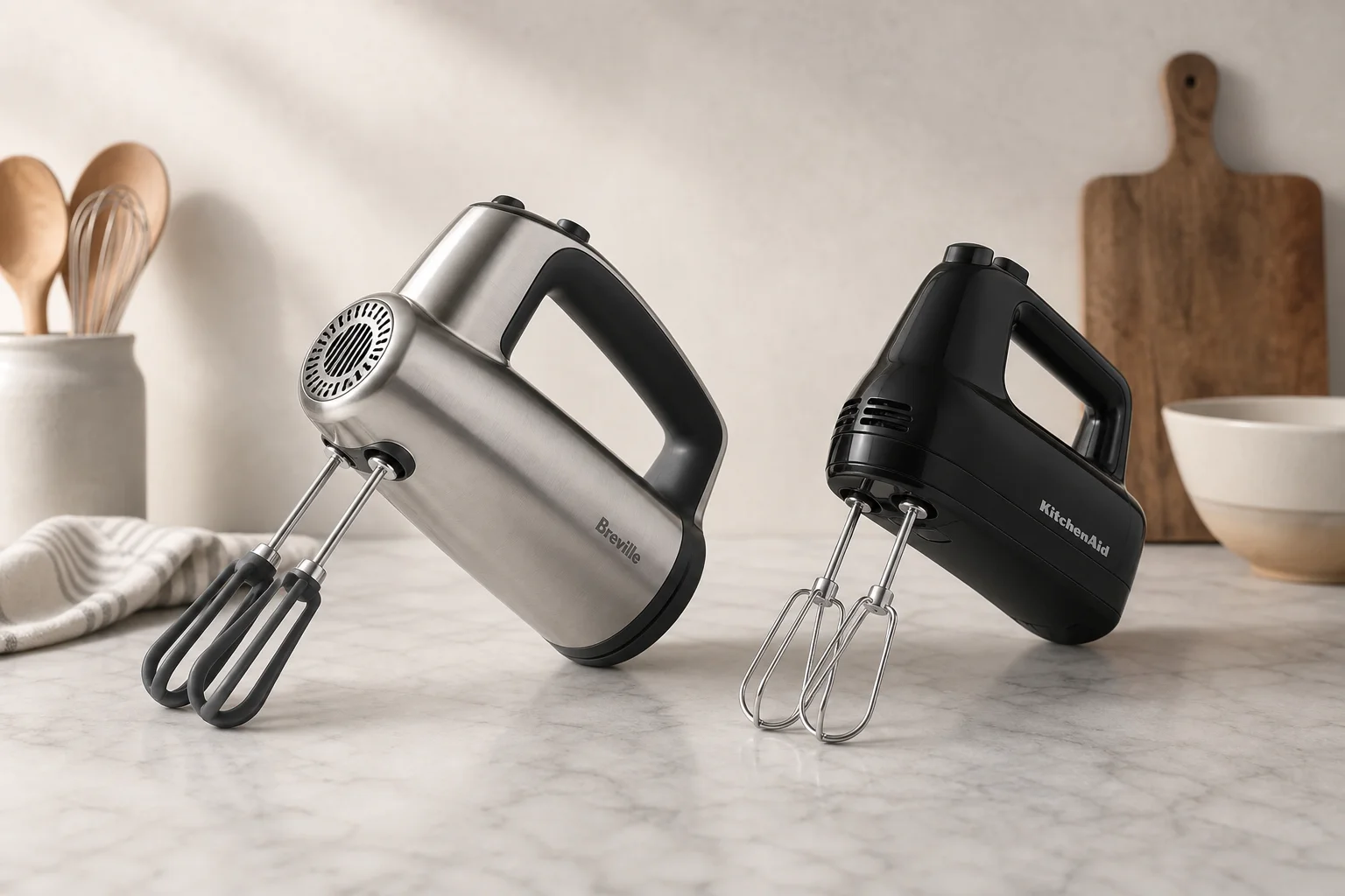 放置在大理石檯面上的 Breville Handy Mix Scraper 與 Cuisinart Power Advantage Plus 手持攪拌機