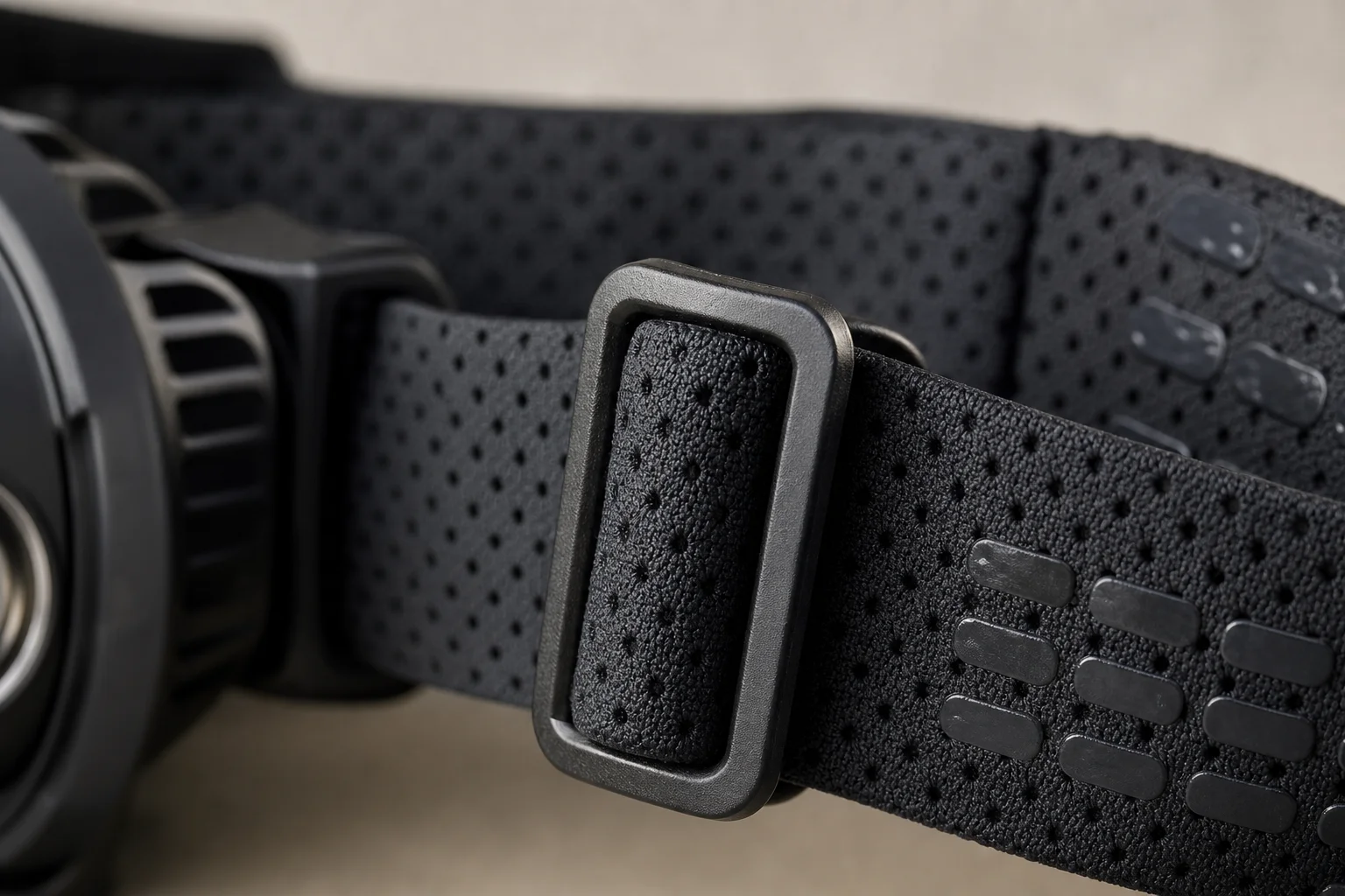 Close-up of head torch strap adjustment and gripper pads