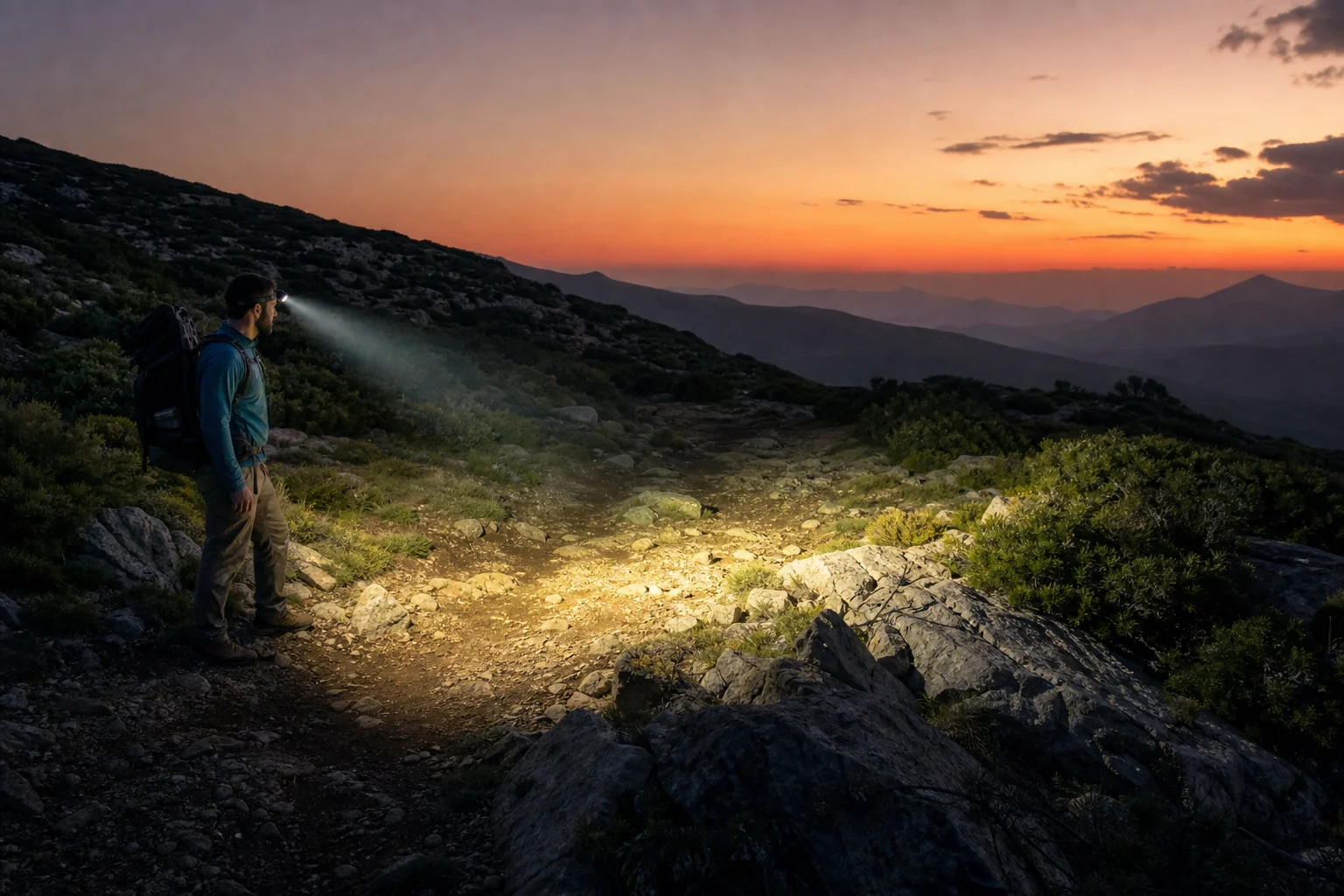 Head torch beam illuminating hiking trail at dusk