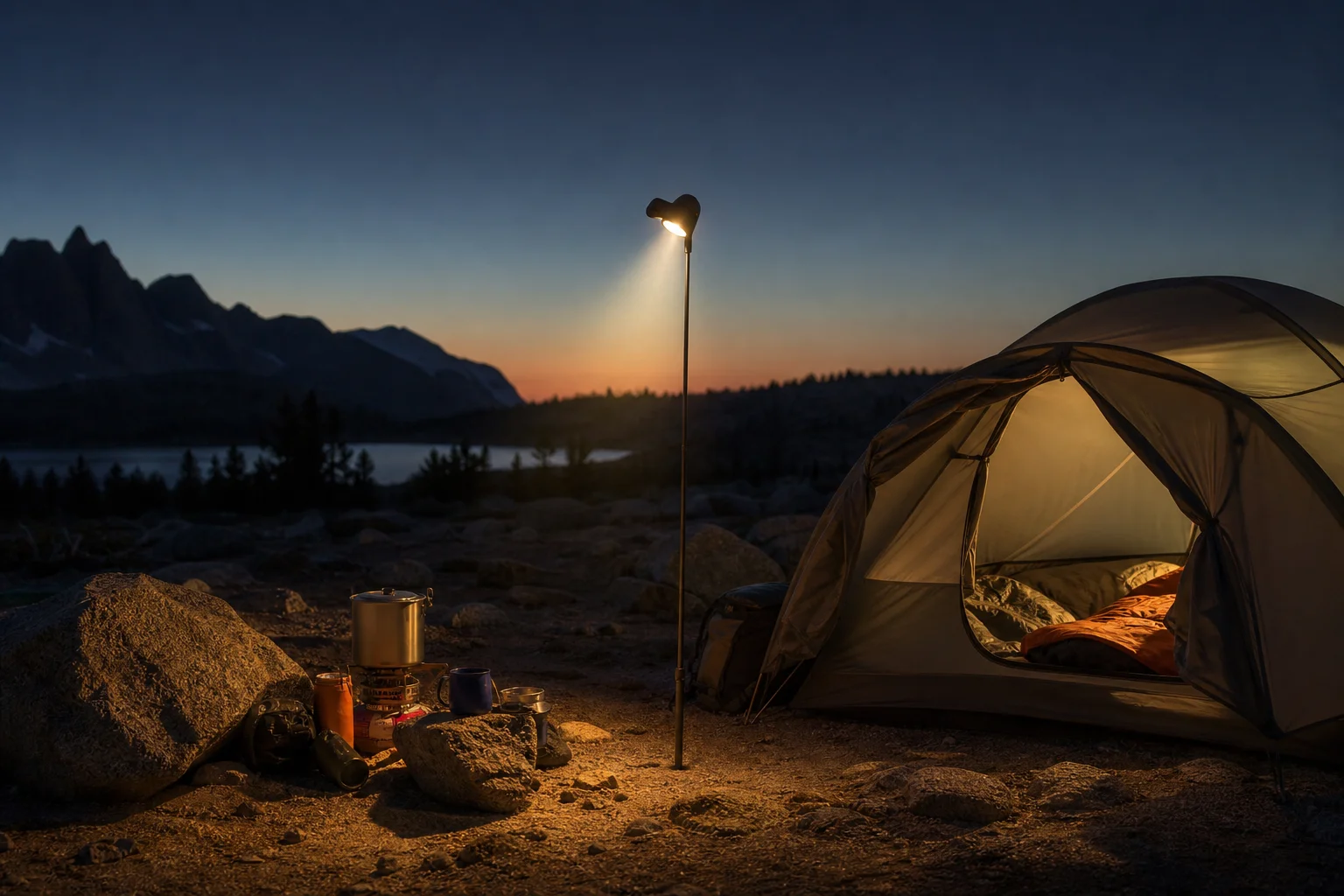 Head torch mounted on tent pole casting ambient light on campsite