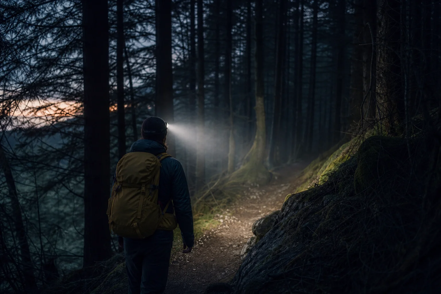 Hiker navigating dark forest trail with headlamp illumination