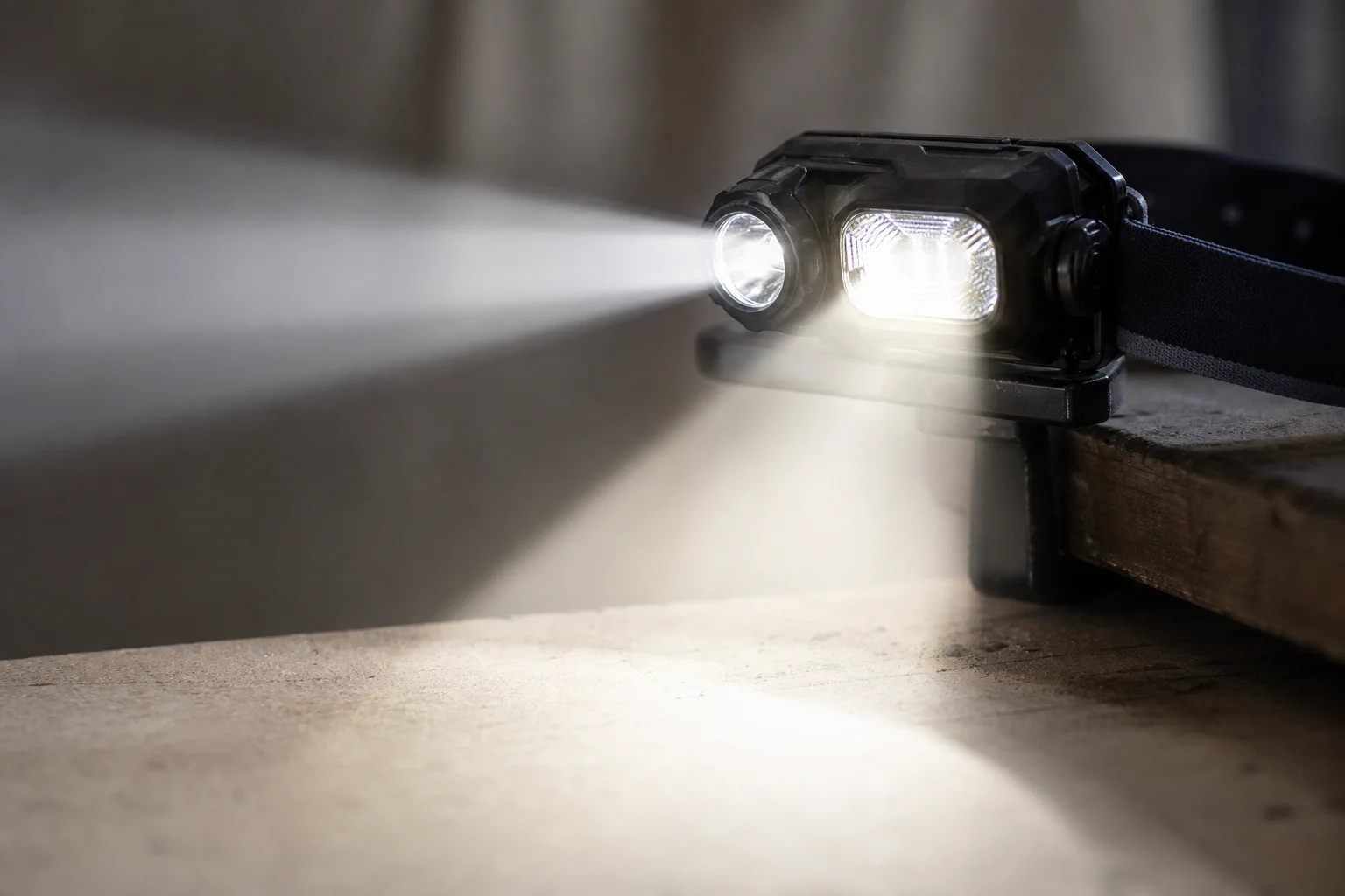 Close-up of dual-beam headlamp showing spotlight and floodlight separation