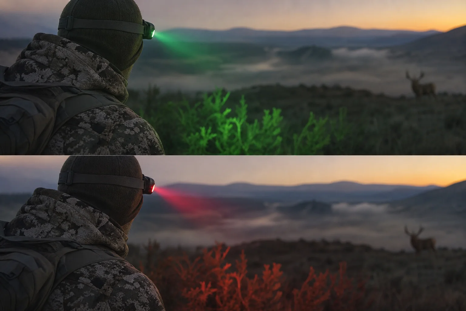 Outdoor enthusiast using colored light modes on headlamp during wildlife observation