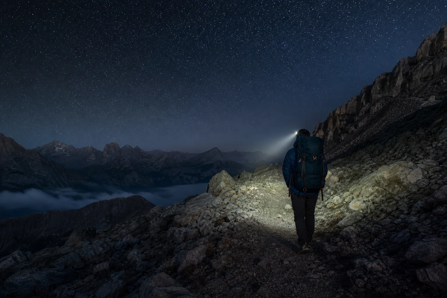 登山客在夜間的山徑上行走，頭燈光束照亮了路徑