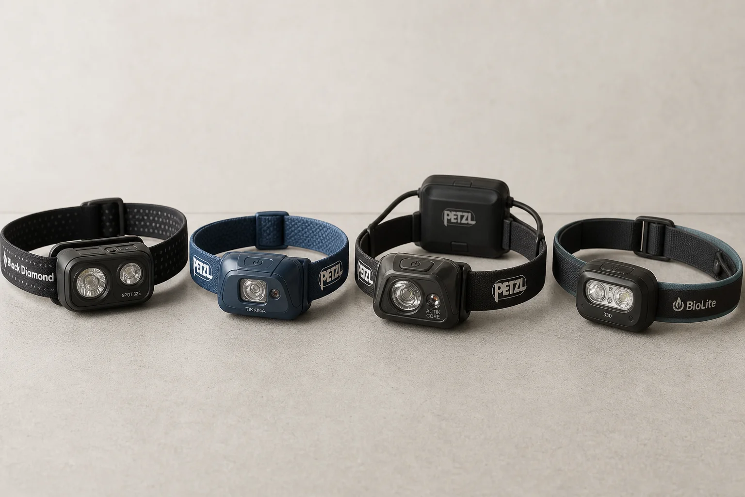 四款頭燈排列在水泥地上：Black Diamond Spot 325、Petzl Tikkina、Petzl Actik Core 以及 BioLite Headlamp 330