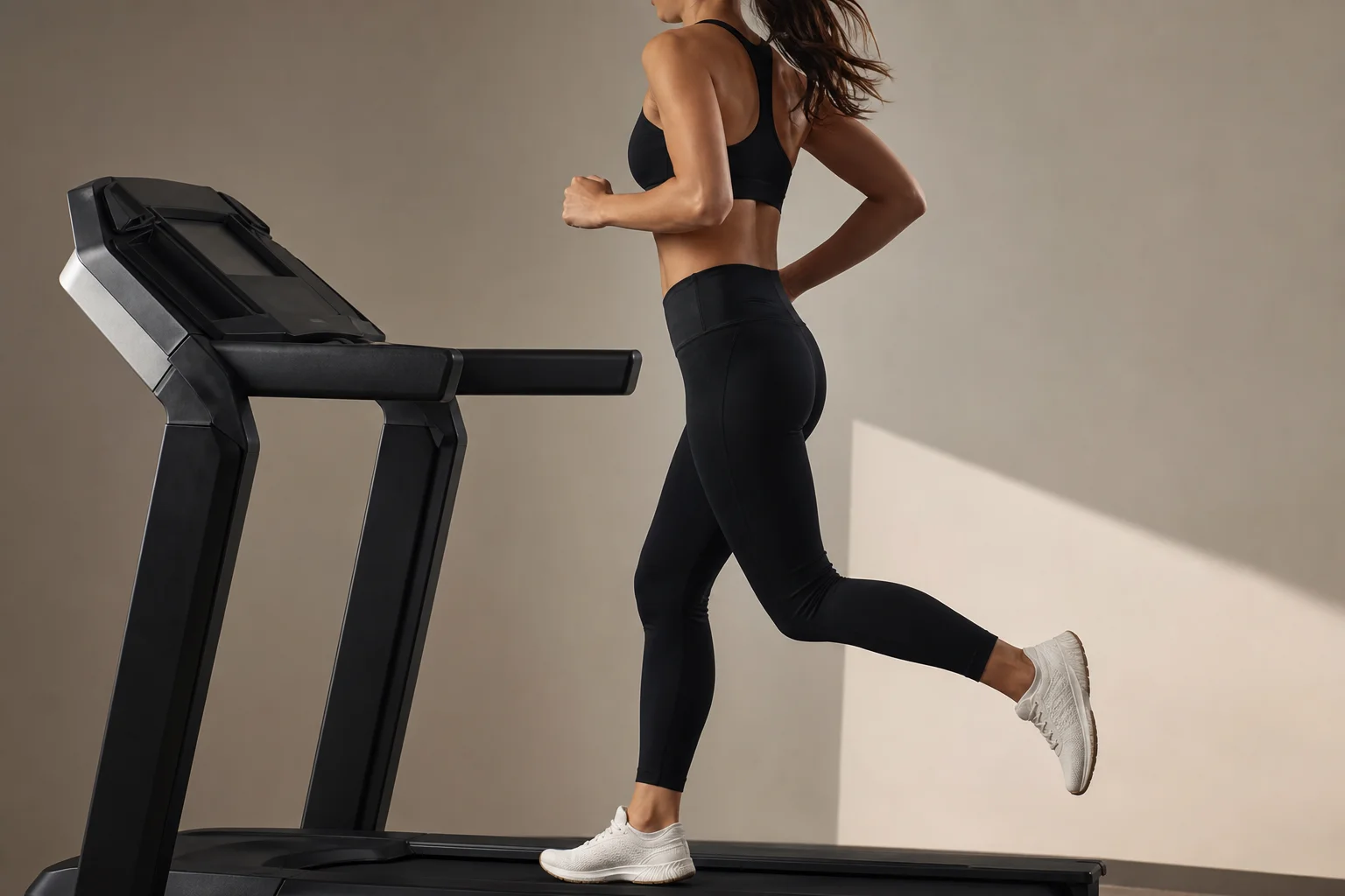 Female runner in motion on a treadmill wearing a high-support sports bra