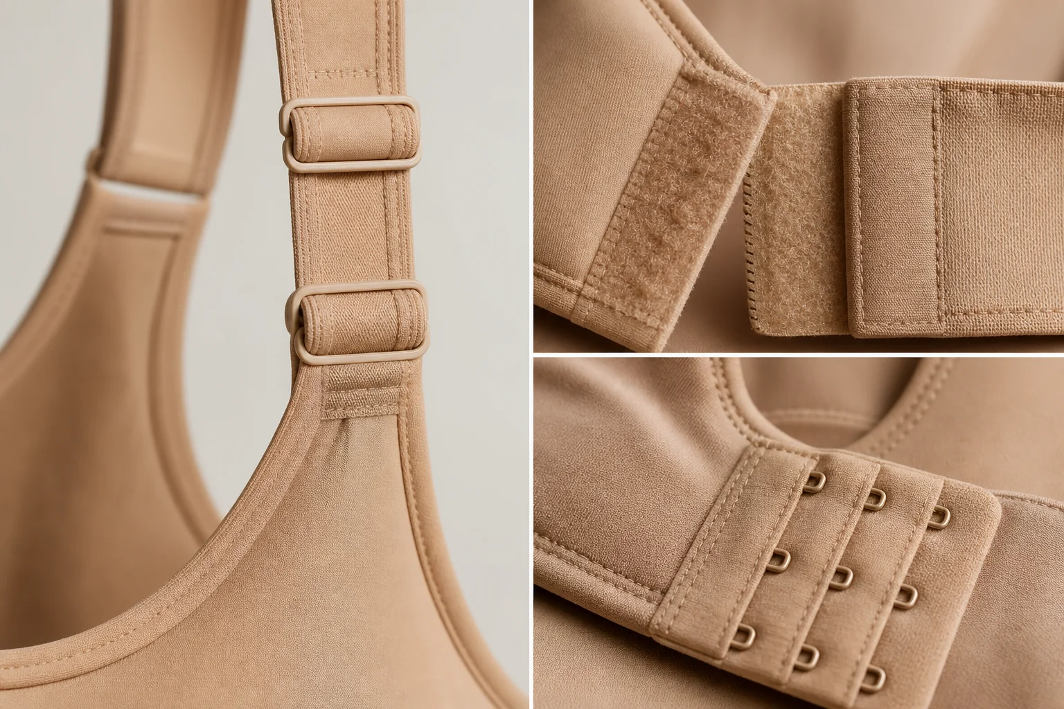 Close-up detail of adjustable sports bra straps and closure mechanisms