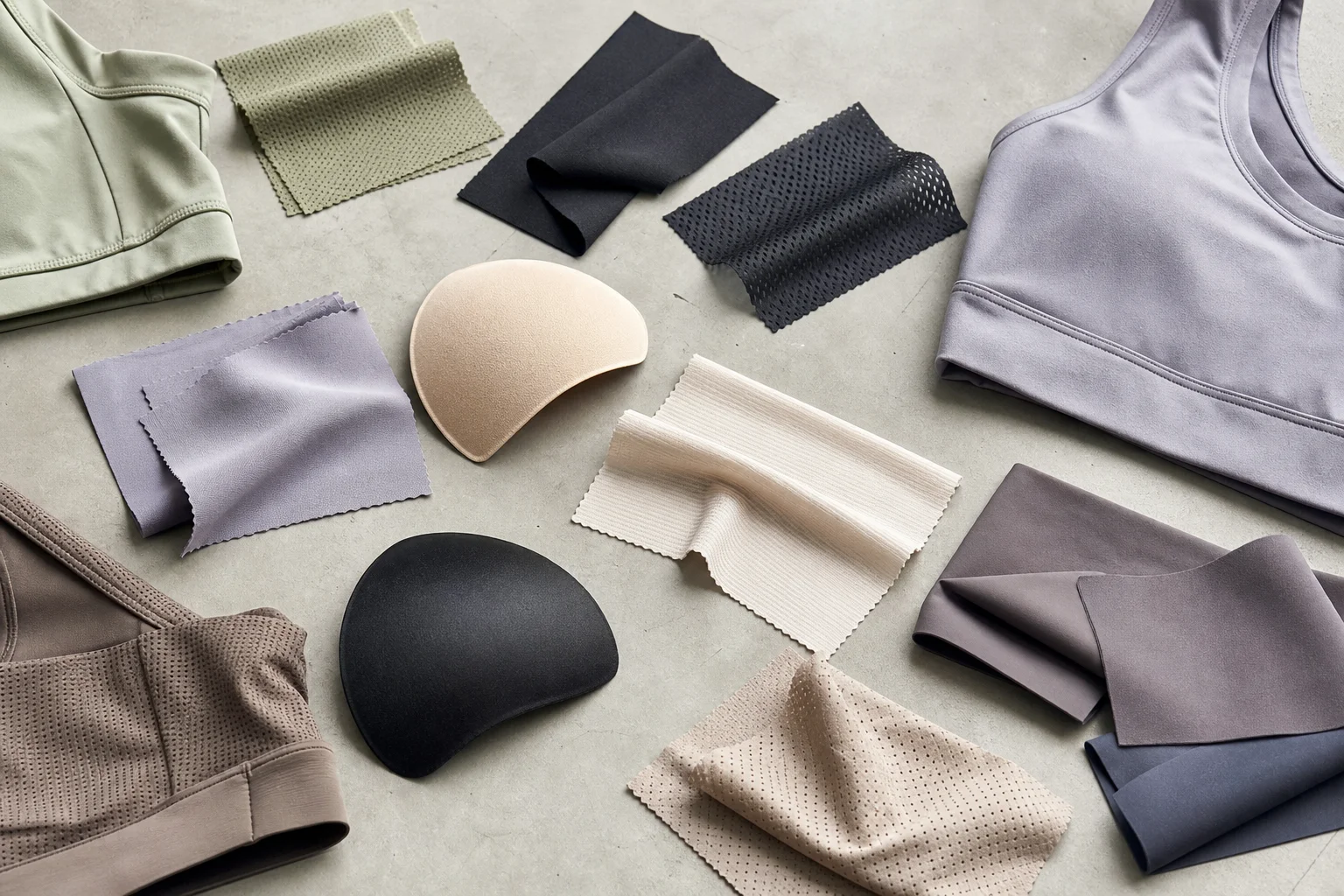 Overhead flat-lay of various sports bra materials and fabric swatches