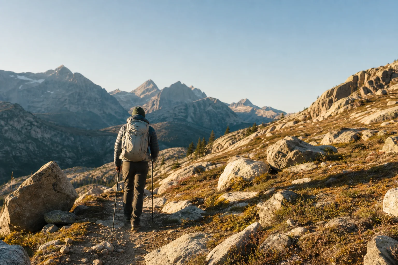 Hiker on a rocky mountain trail with distant peaks
