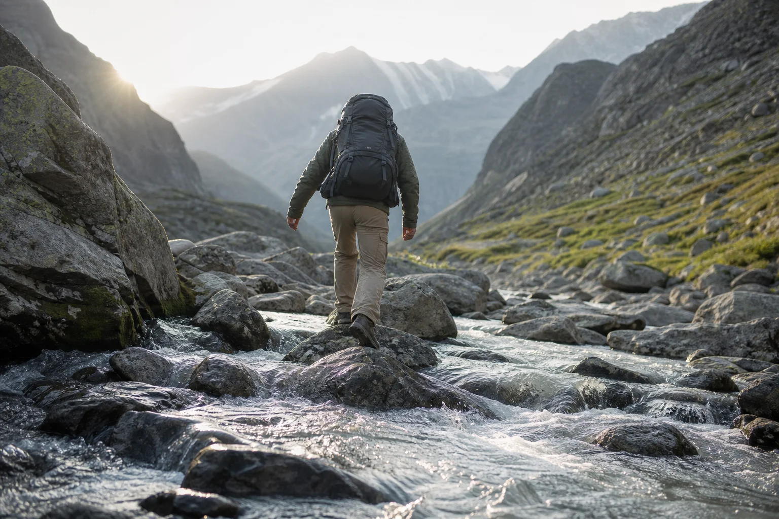 Hiker crossing a stream on a technical mountain trail