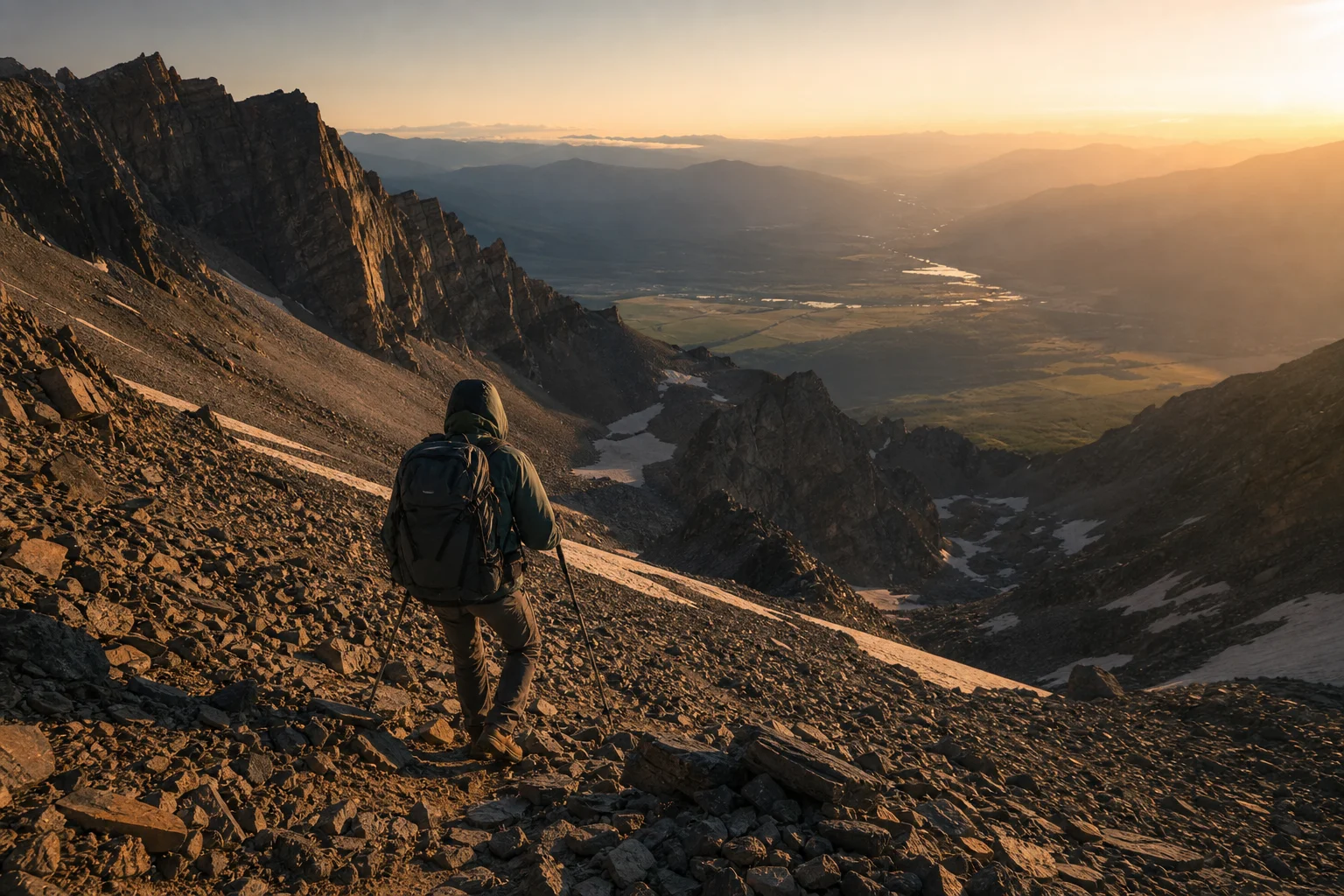 Hiker on a steep rocky descent at dusk
