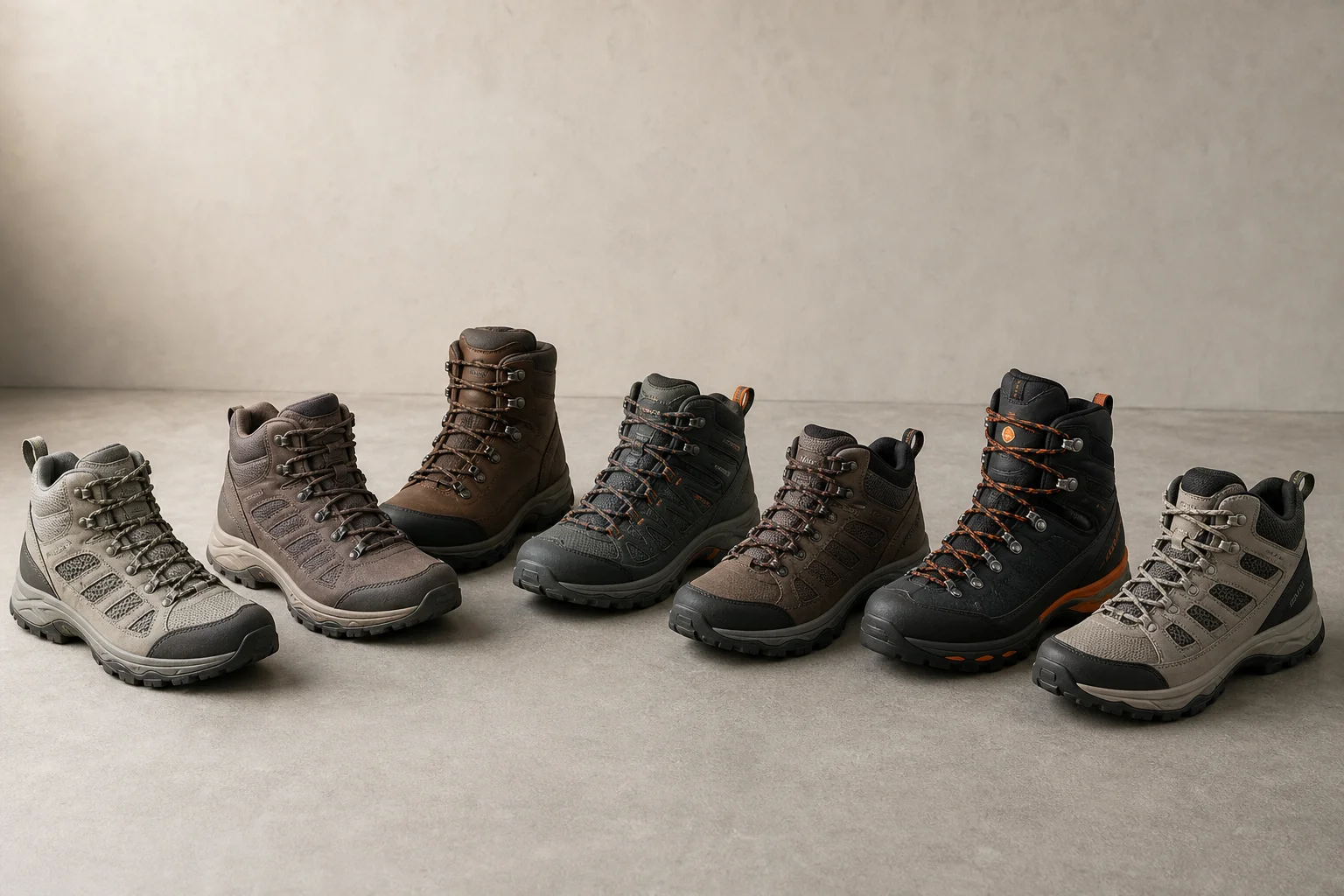 Seven hiking boots arranged on concrete surface representing different styles and purposes