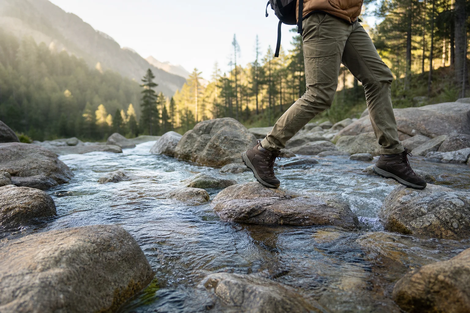 Hiker crossing a rocky mountain stream with clear water
