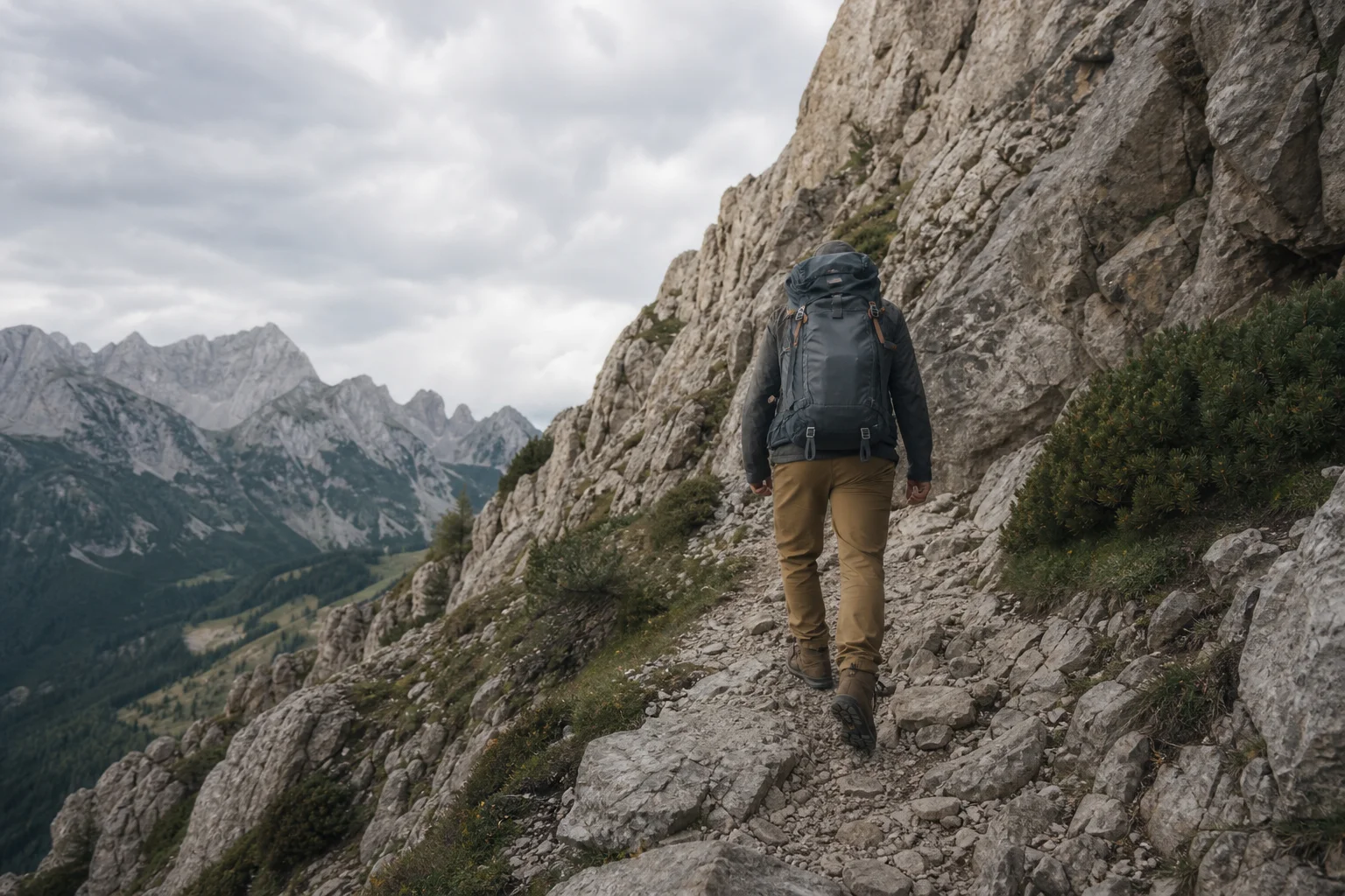 Hiker navigating steep rocky mountain trail terrain
