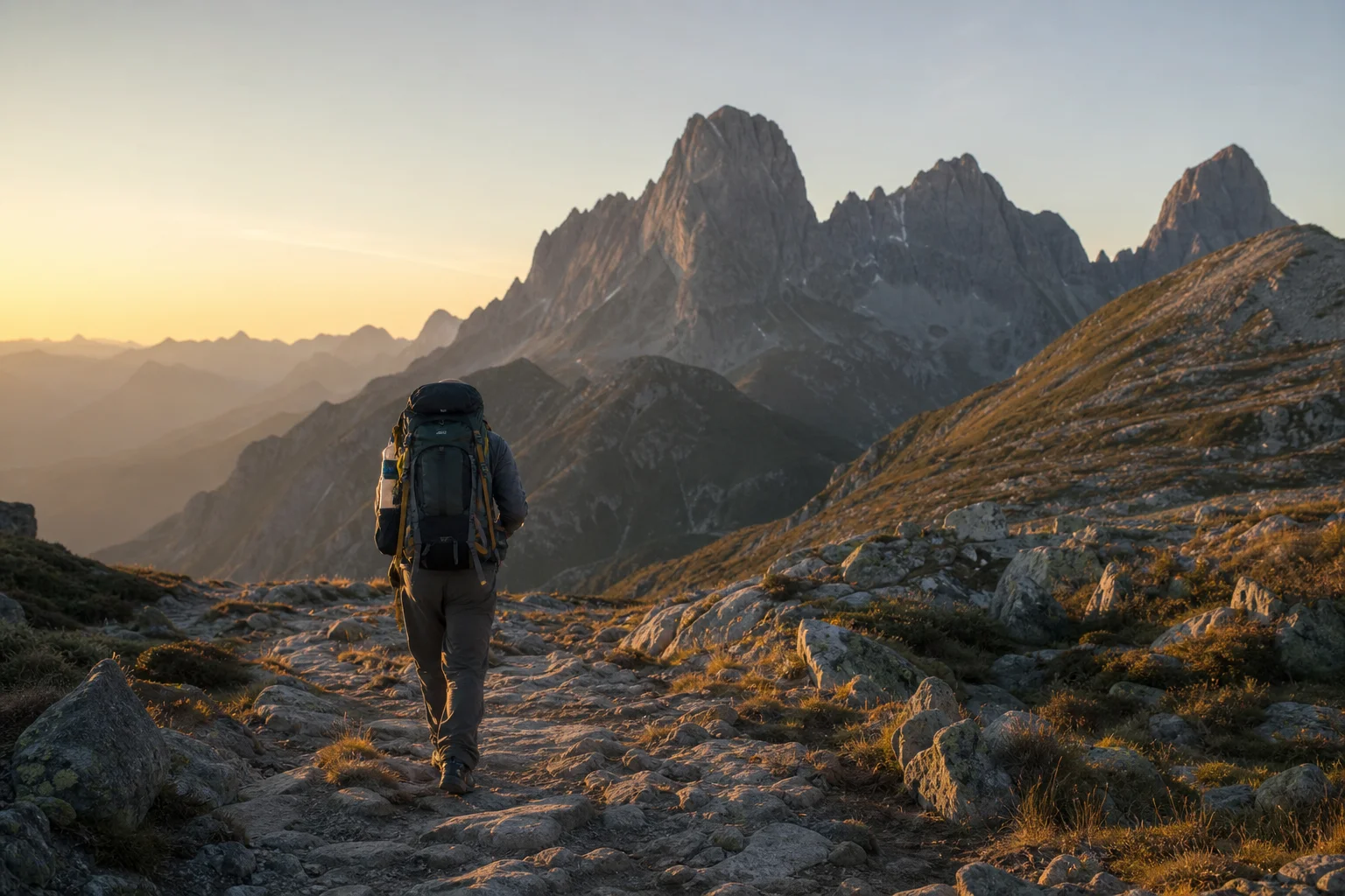 Backpacker with loaded pack on rugged mountain trail at dusk