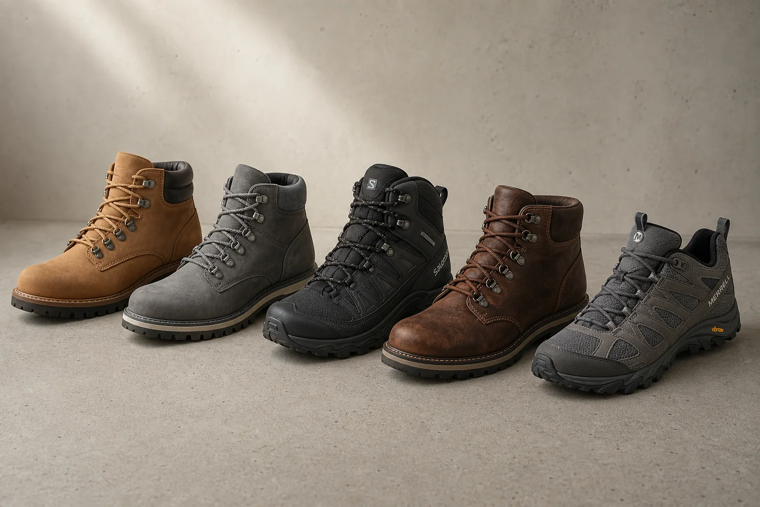 Five hiking boots arranged diagonally on concrete surface