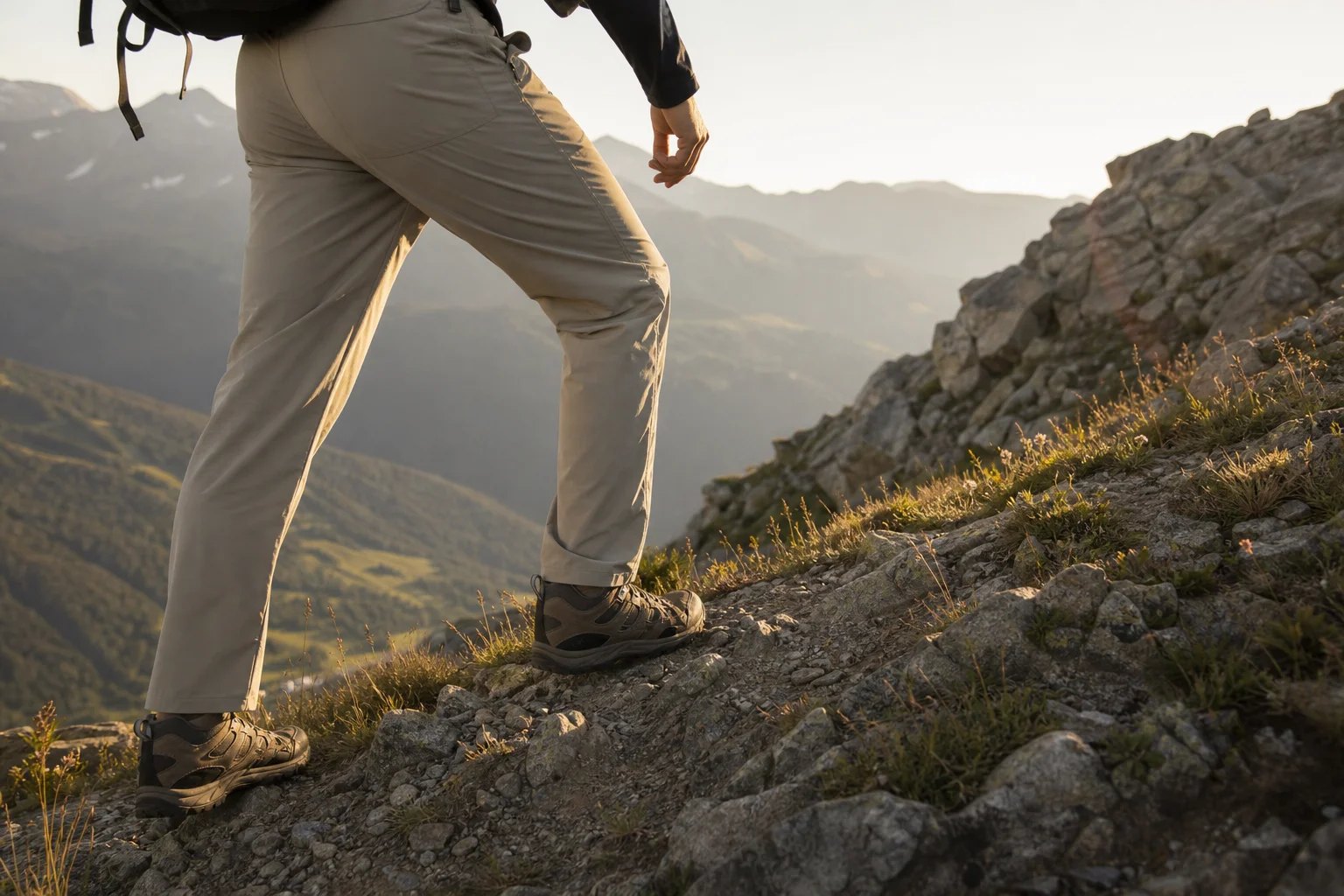 Hiker walking on a mountain trail with breathable, quick-drying pants