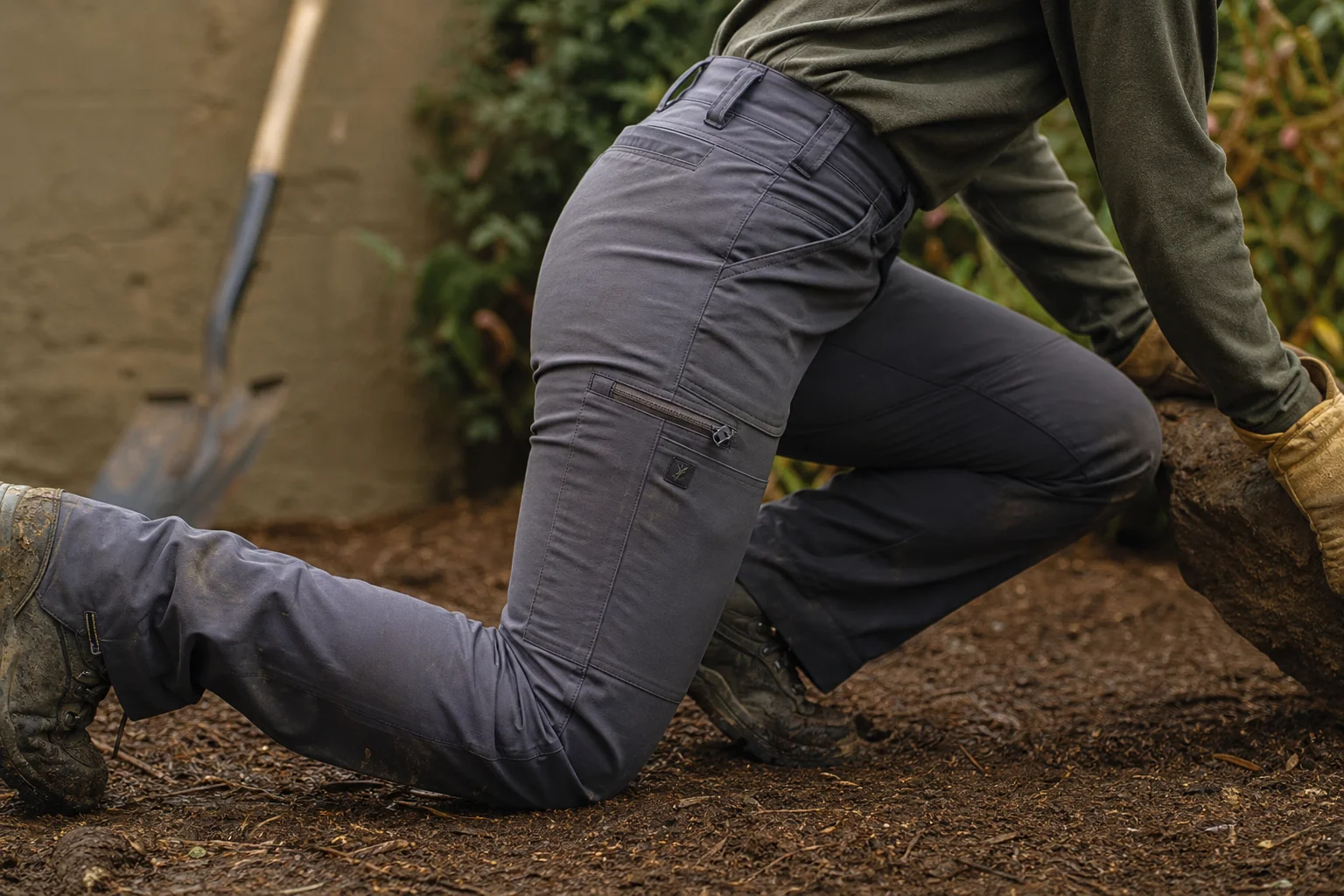 Outdoor worker kneeling while wearing durable work-ready hiking pants