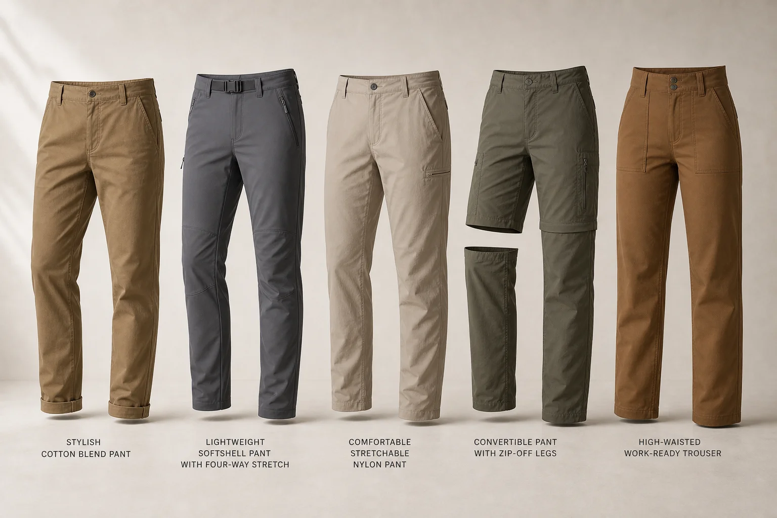Five hiking pants in different styles displayed side by side on neutral backdrop