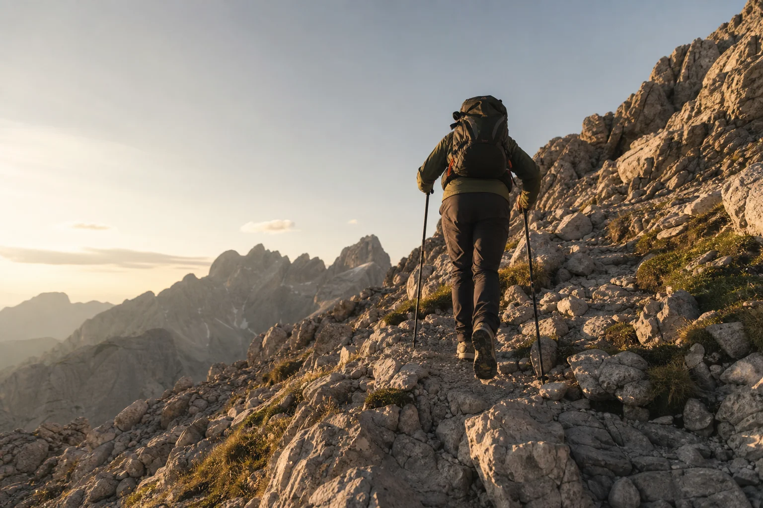 Hiker ascending a rocky mountain trail with trekking poles