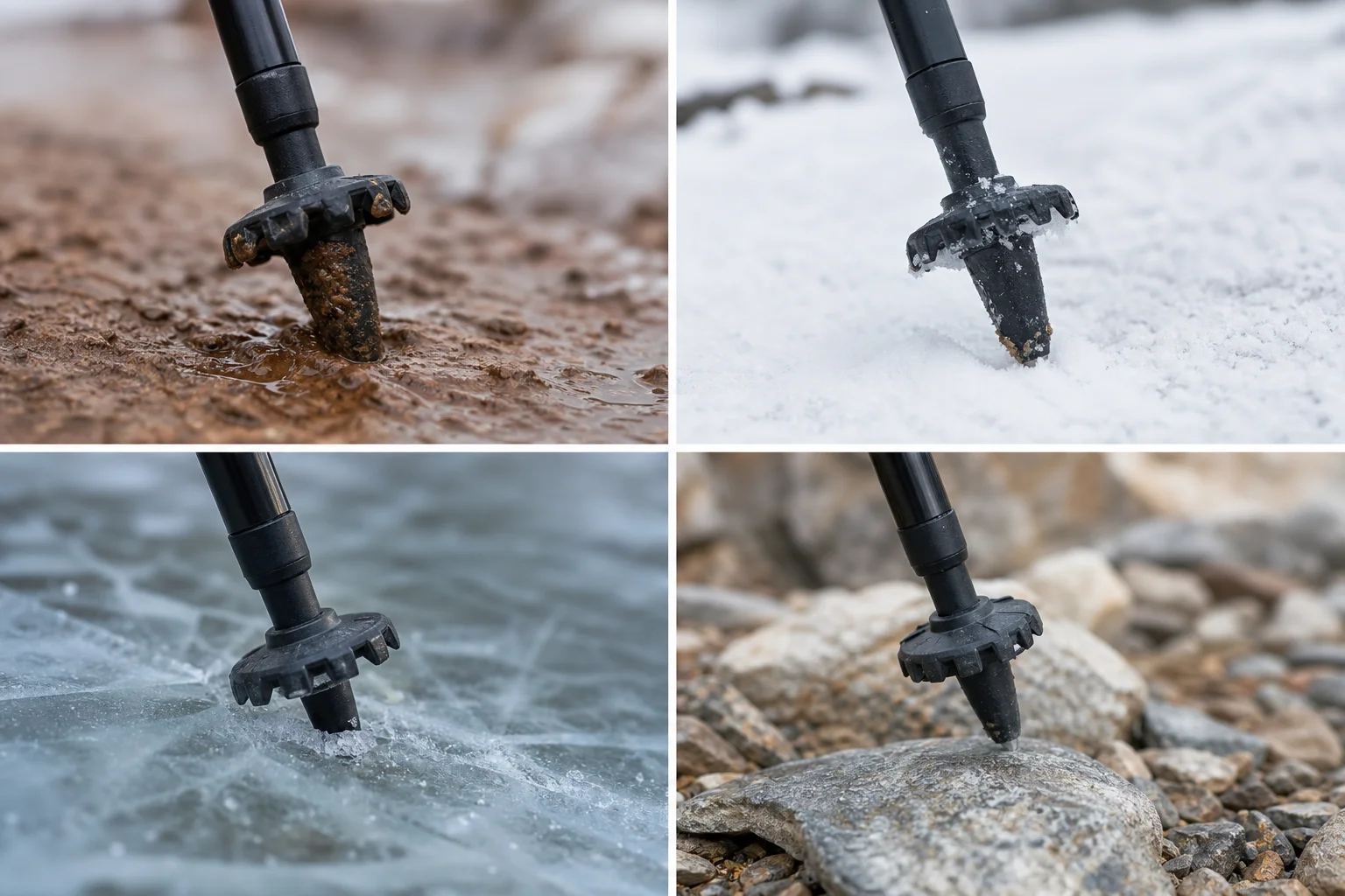 Close-up of hiking pole tips on different terrain surfaces