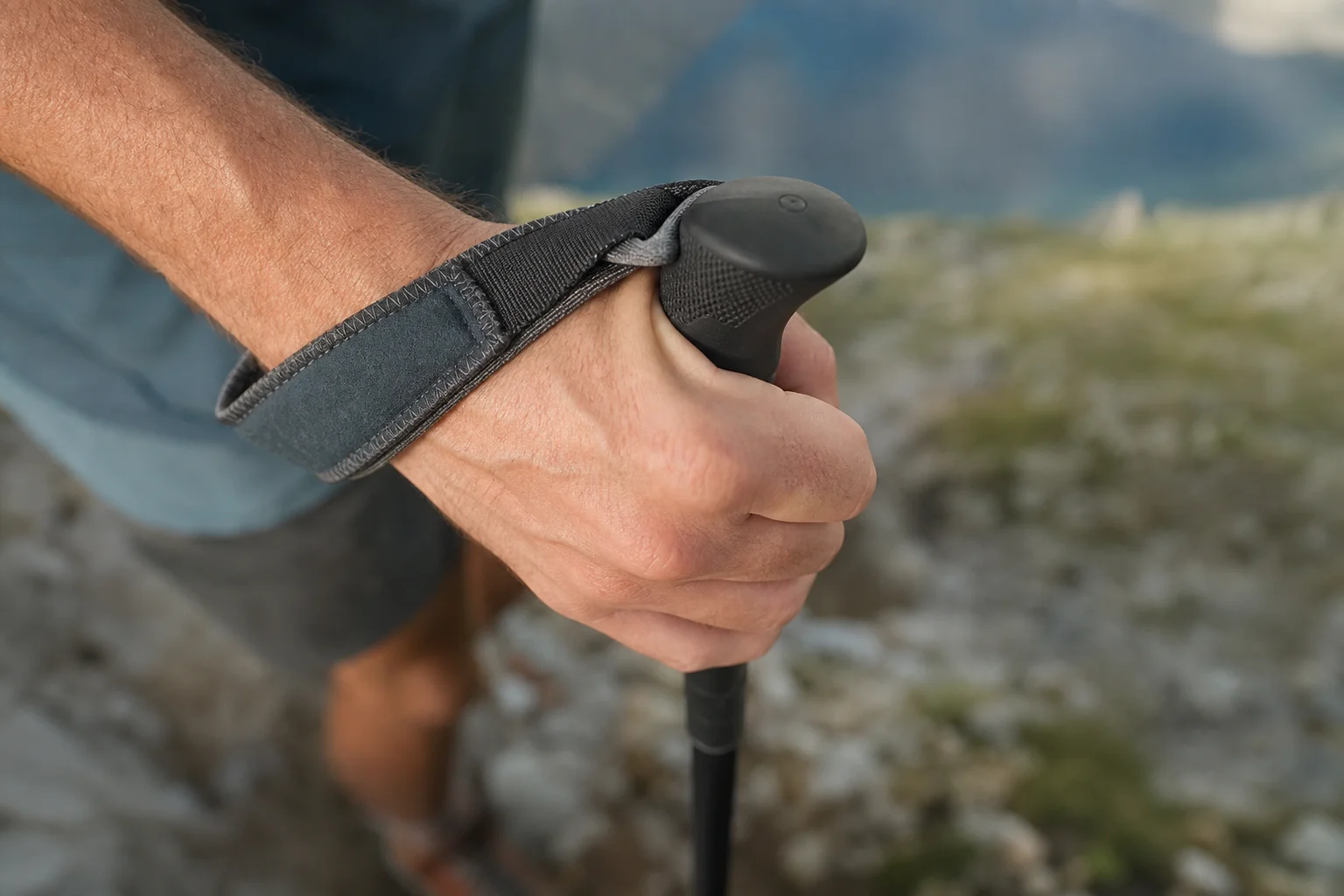Hiker gripping a trekking pole handle during steep descent