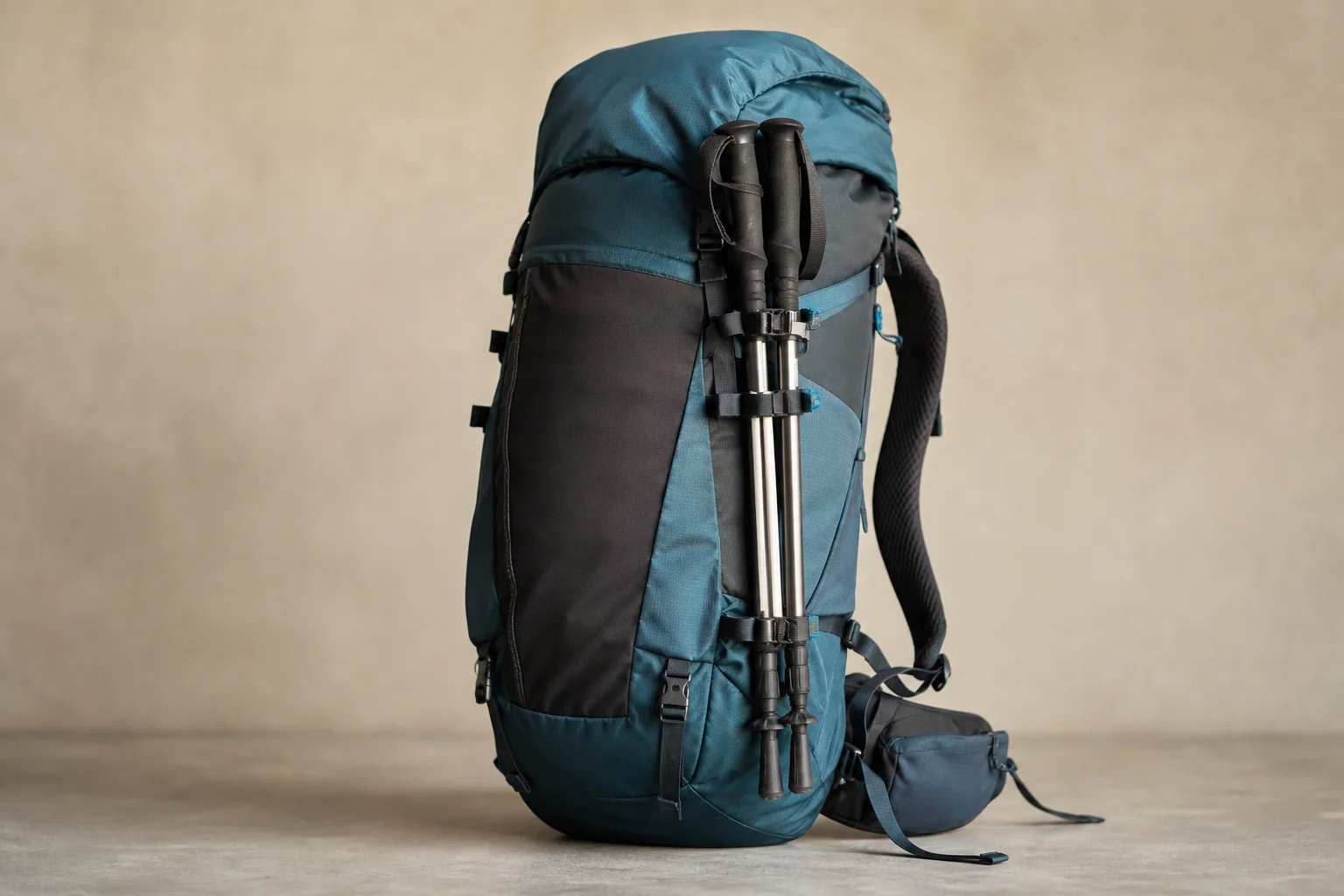 Backpacker with collapsed trekking poles secured in hiking pack