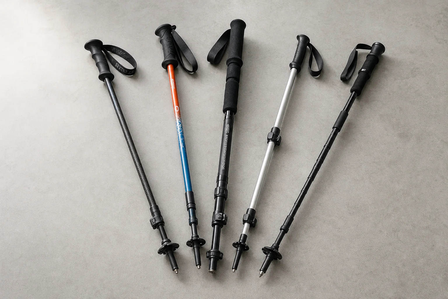 Five hiking poles arranged in a fan pattern on concrete surface