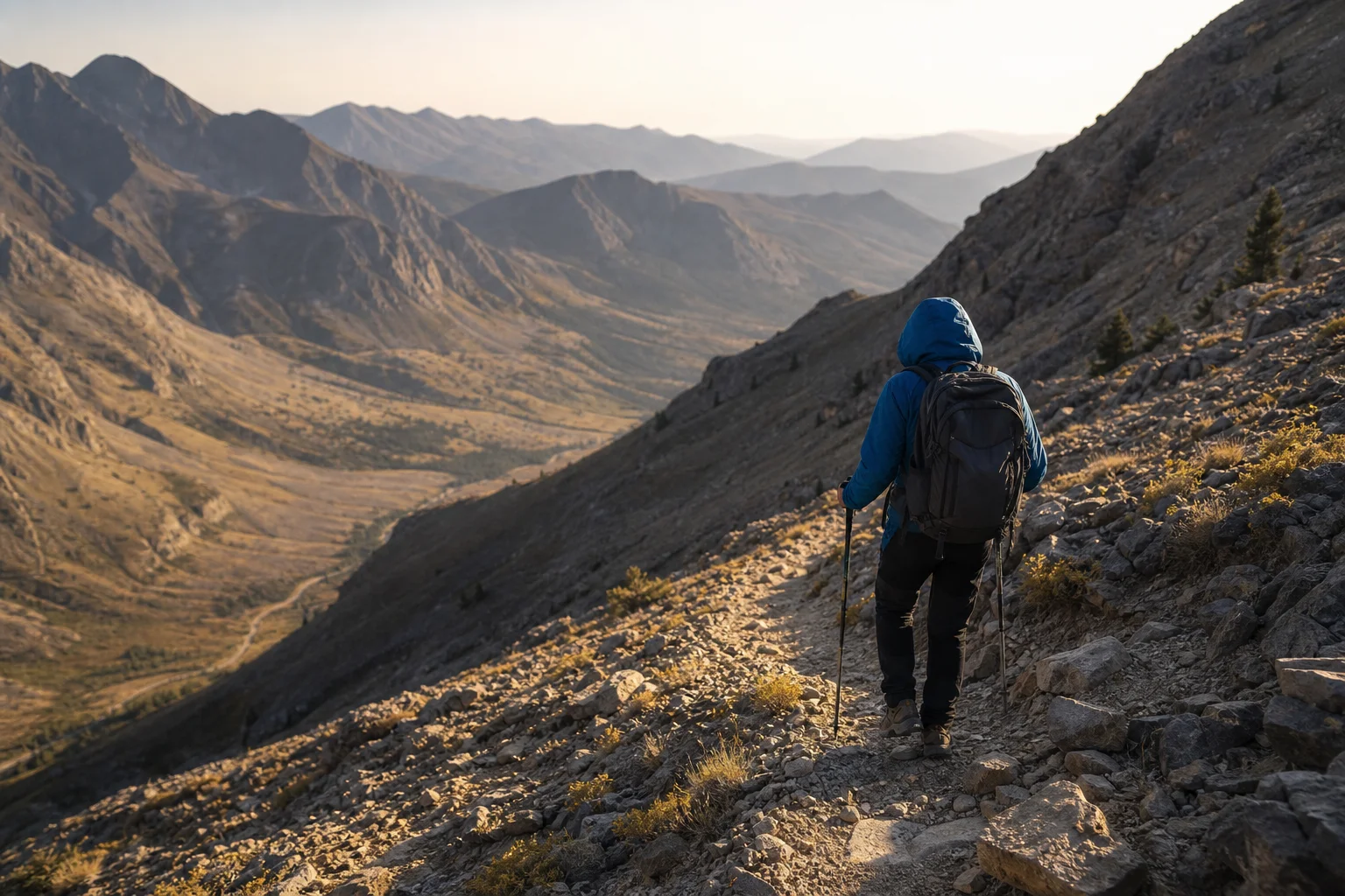 Hiker descending a rocky mountain trail in afternoon sunlight