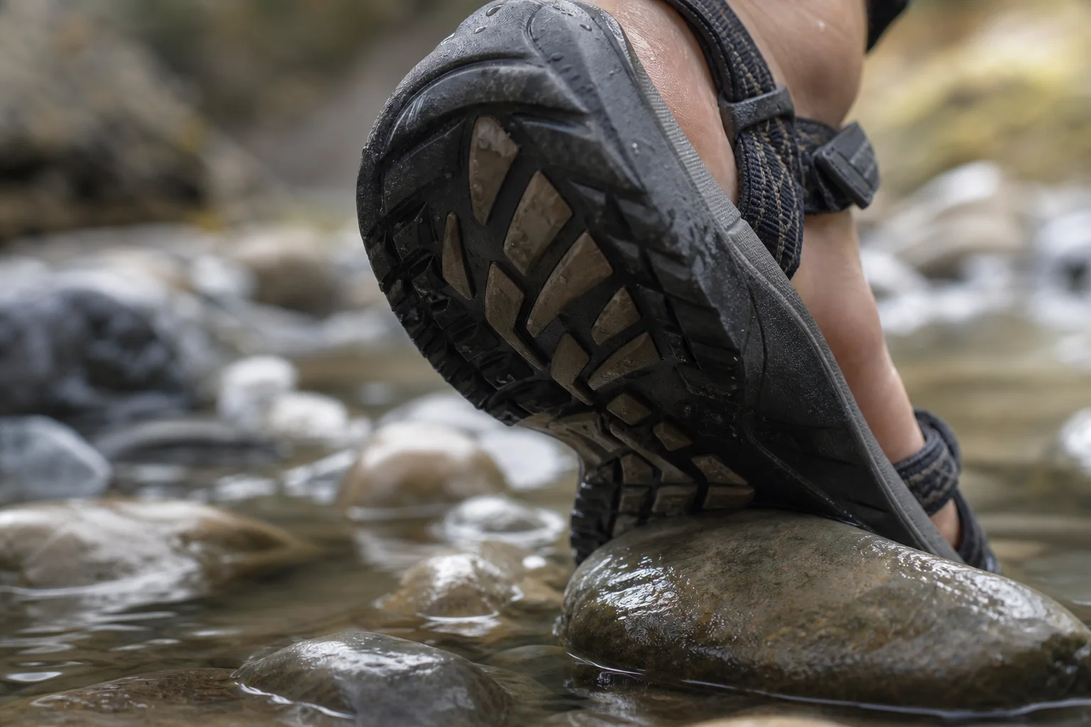 Close-up of a sandal sole gripping wet river rocks