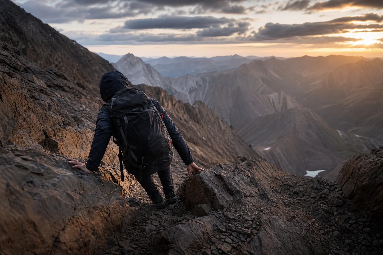 Hiker navigating a steep descent on a mountain trail