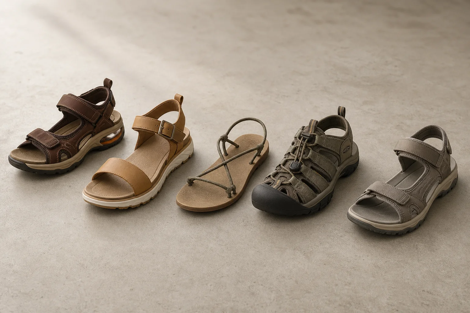 Five hiking sandals arranged on concrete surface representing different styles and protection levels
