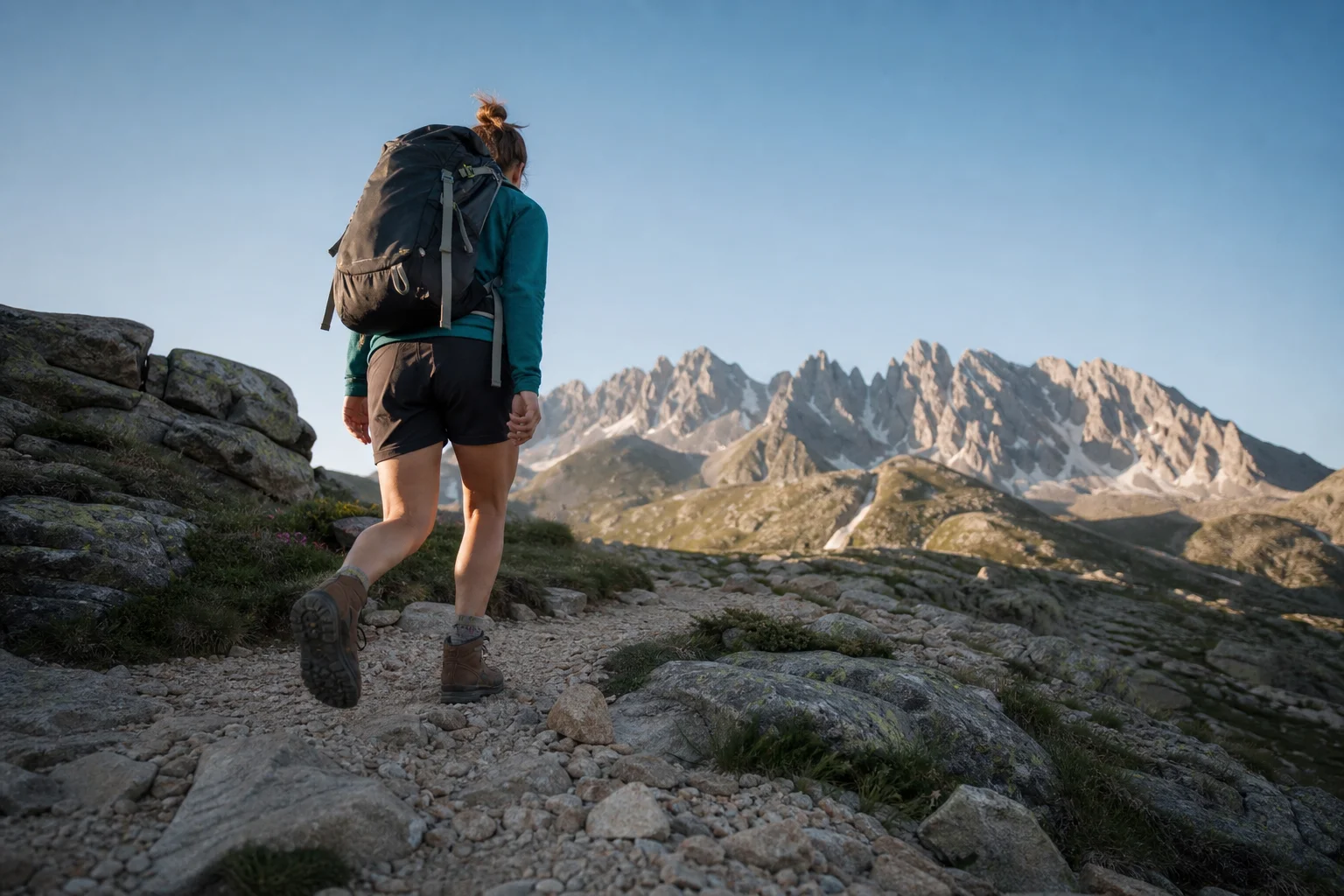 Hiker walking on a rocky mountain trail with distant peaks