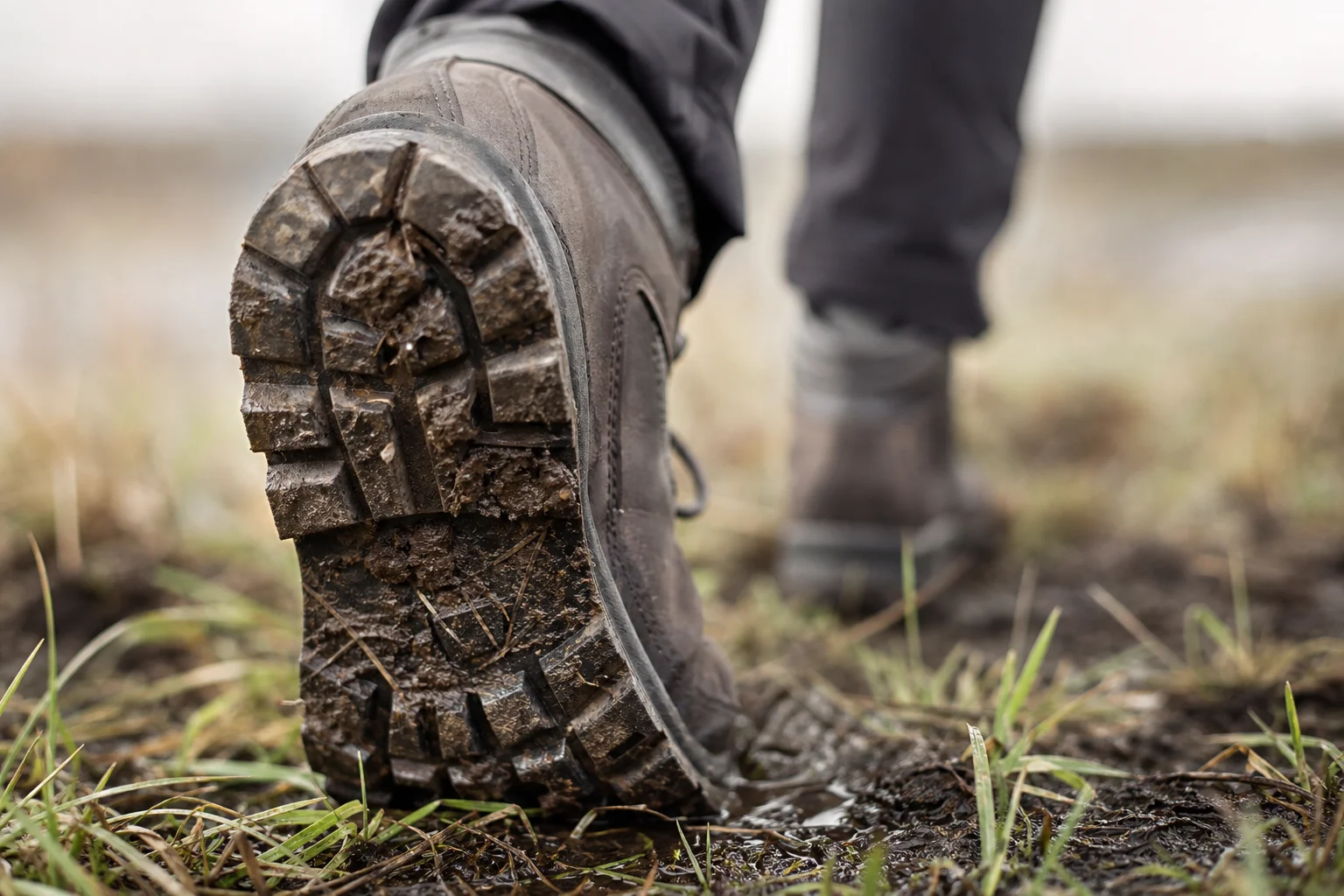 Close-up of hiking boot tread on wet grass and muddy terrain