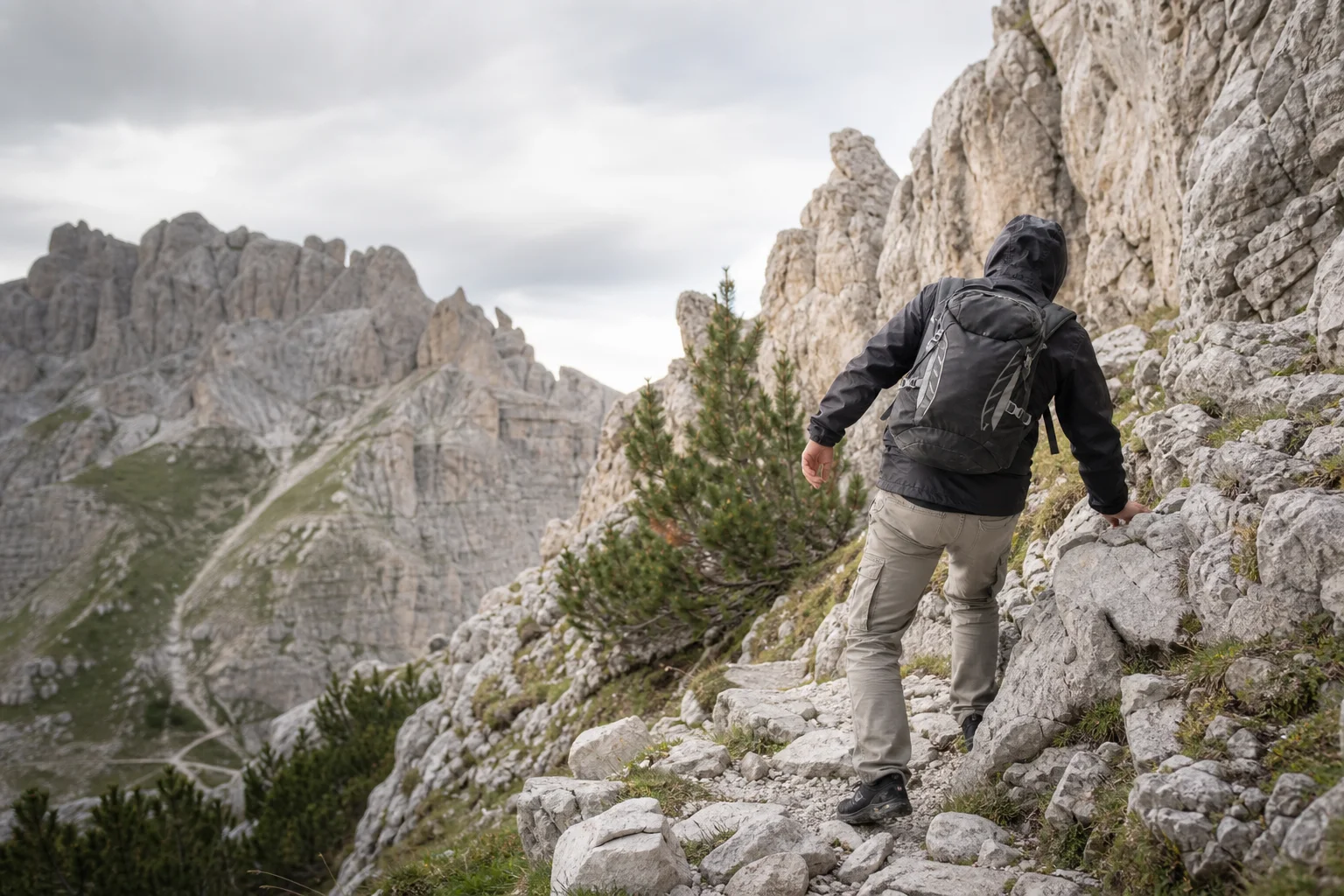 Hiker navigating a technical rocky descent on a mountain trail