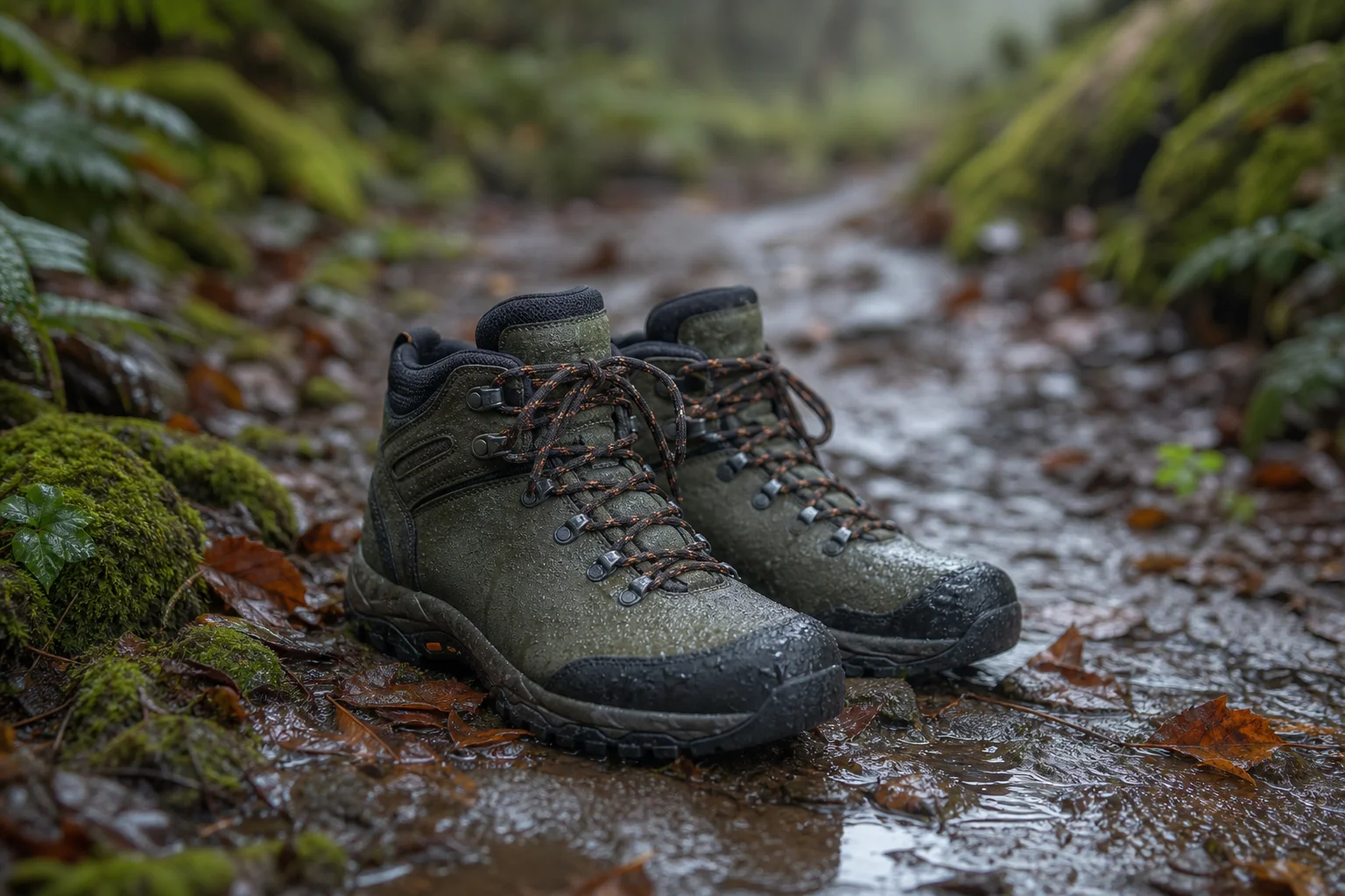 Hiking boots on wet forest trail with rain-soaked vegetation