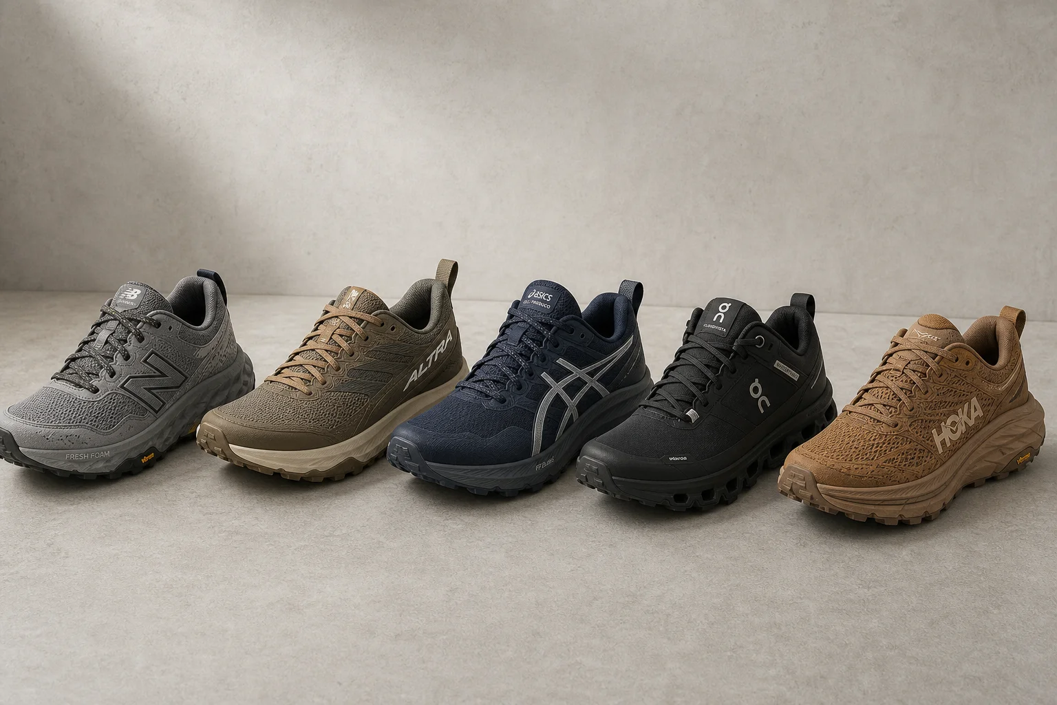 Five hiking shoes arranged in a row on concrete surface