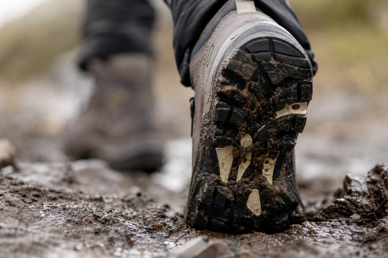 Close-up of hiking boot sole gripping wet muddy trail surface