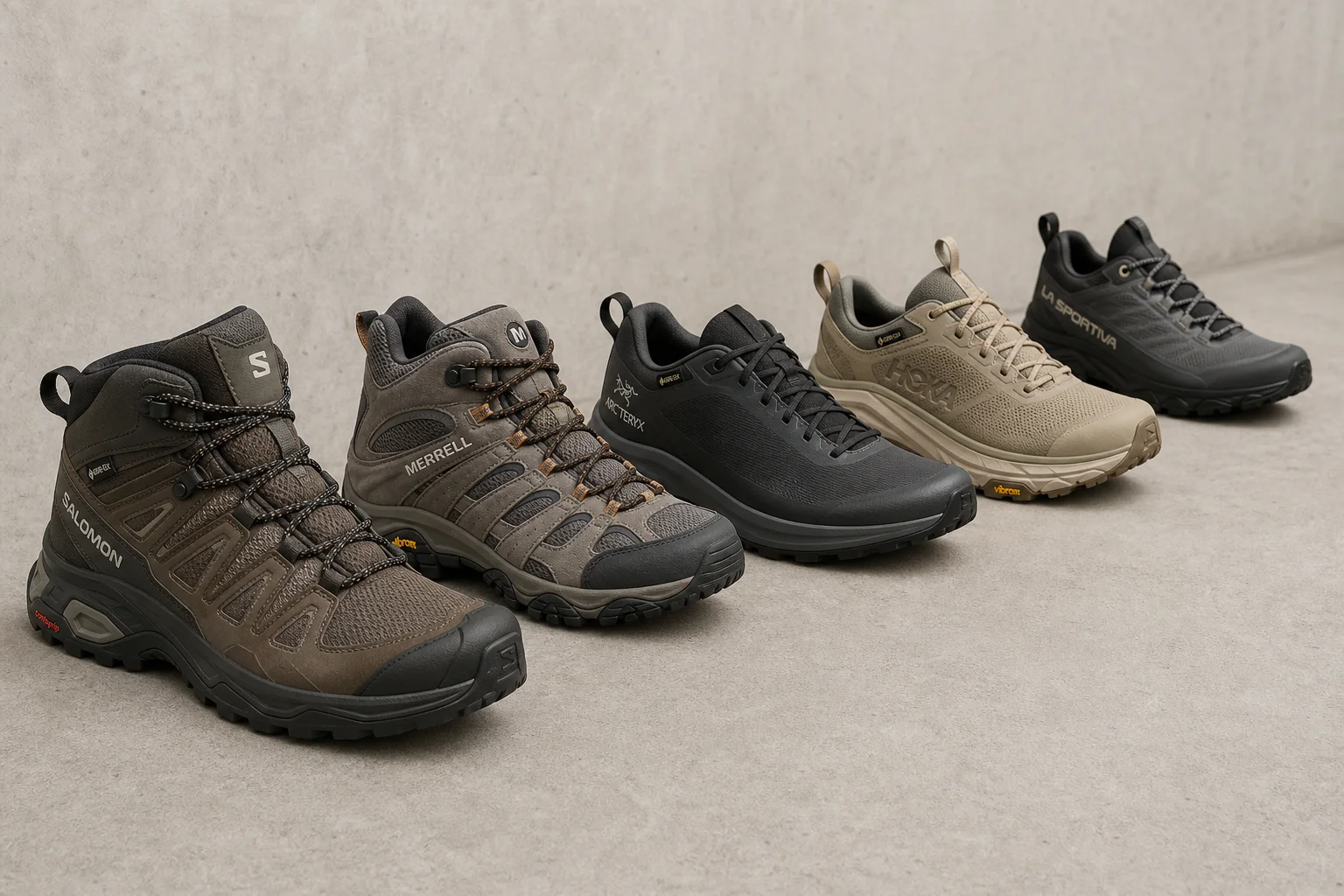 Five hiking shoes ranked and arranged on concrete surface
