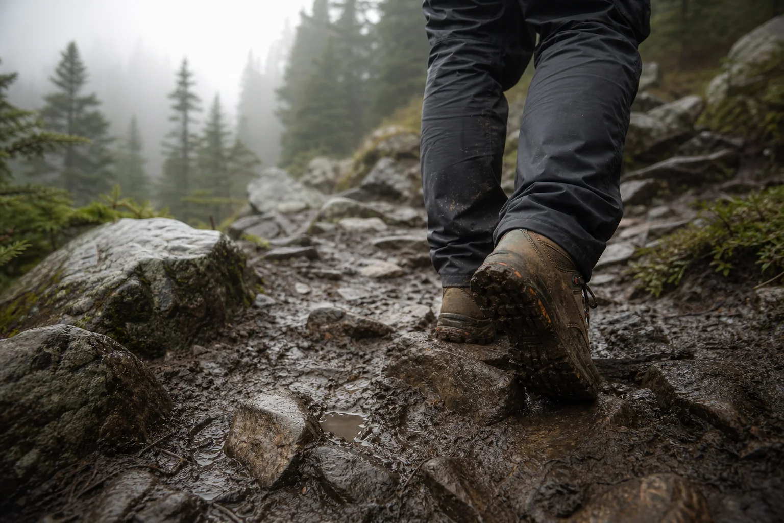 Hiker navigating a muddy trail section in overcast conditions