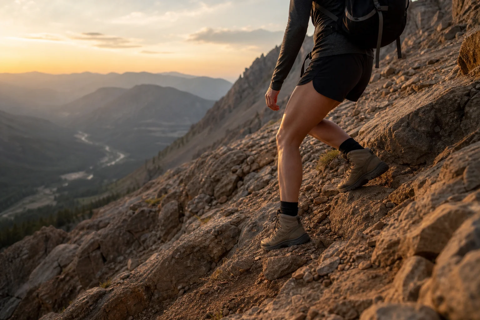 Woman descending a steep rocky mountain slope at sunset