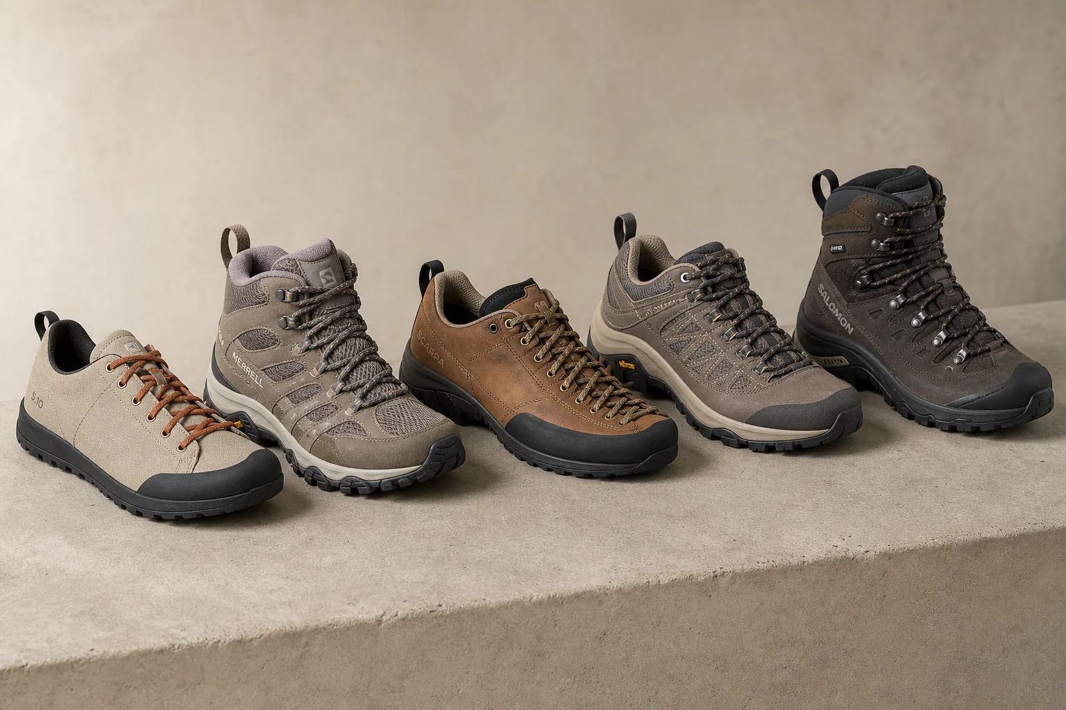 Five women's hiking shoes arranged on concrete surface in descending order