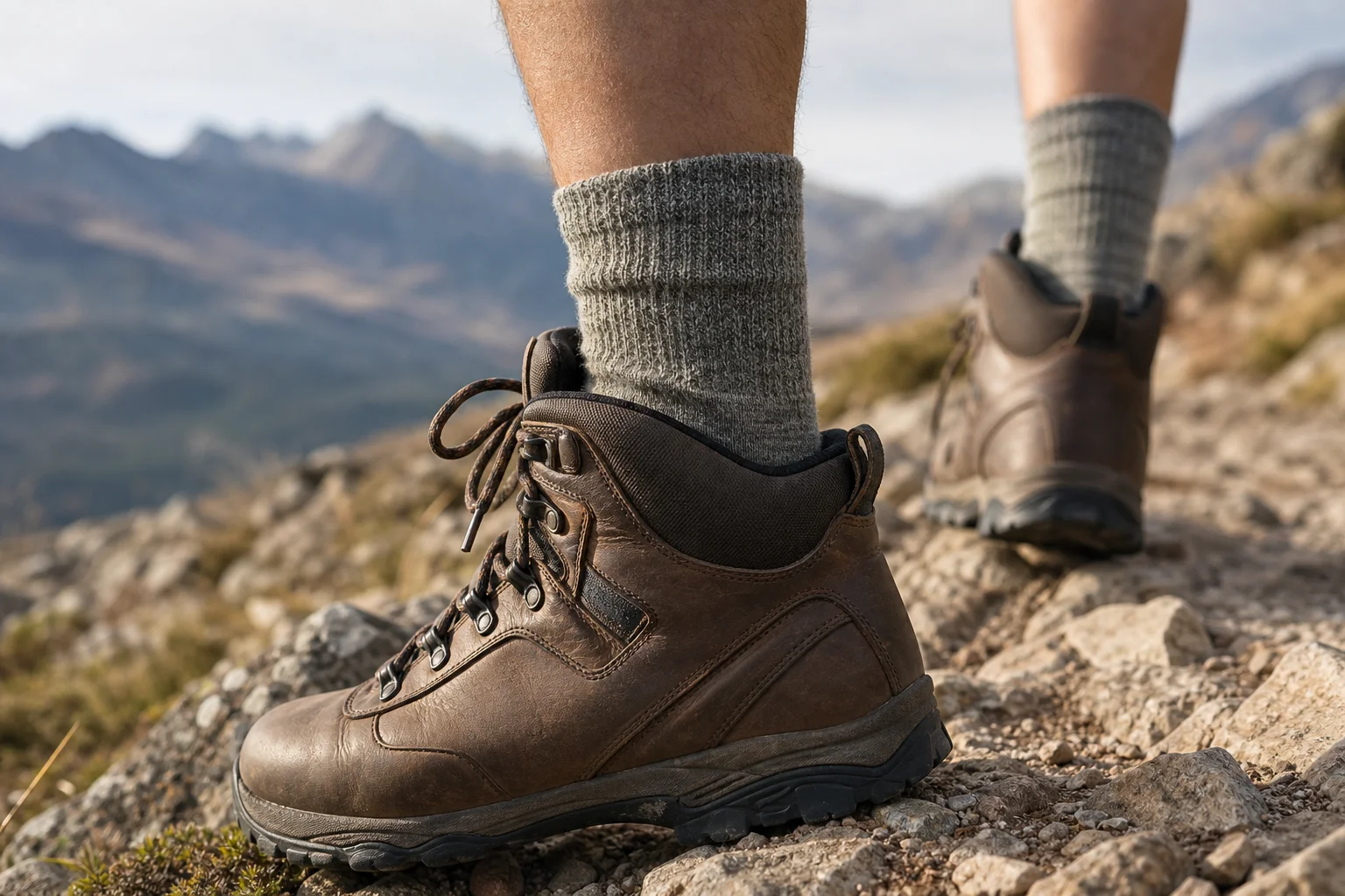 Hiker's feet on a rocky mountain trail with boots and socks visible