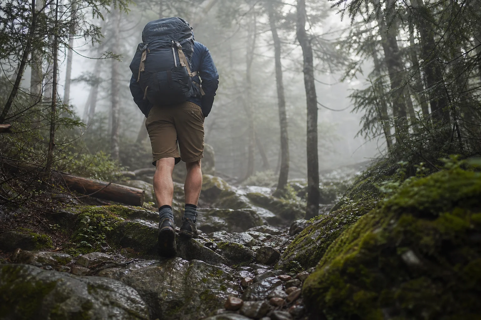 Hiker walking through a misty forest with damp ground conditions